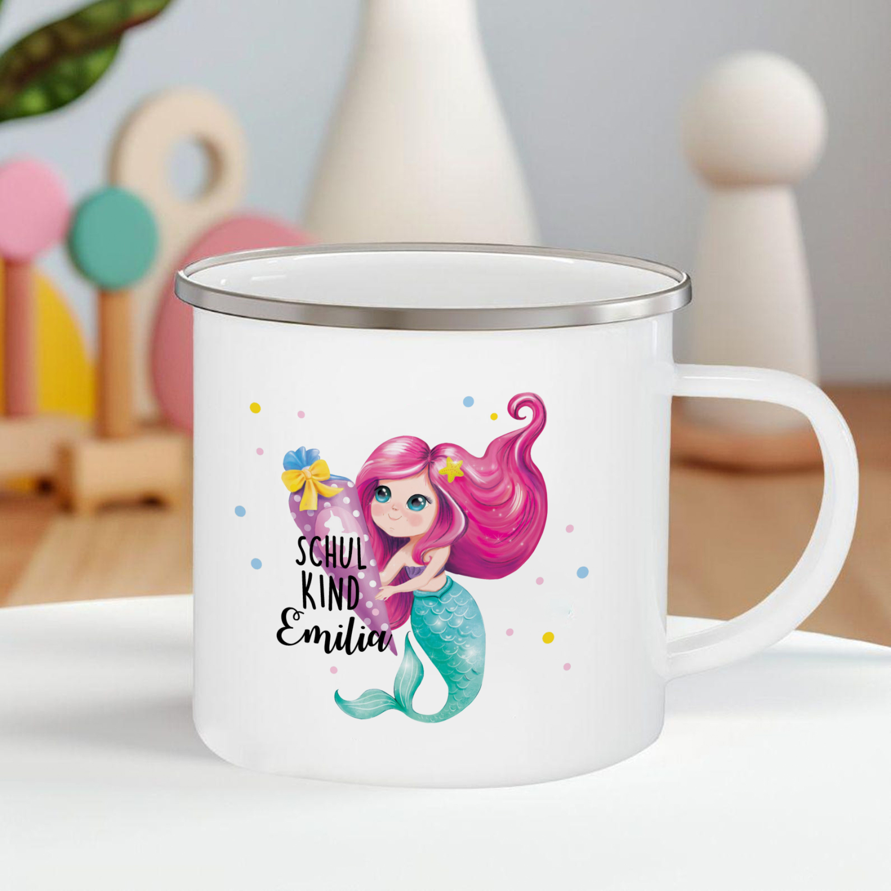 Emaille Tasse-Personalisierter Name Meerjungfrau Einhorn Becher - Schulkind- Geschenk zum Schulanfang
