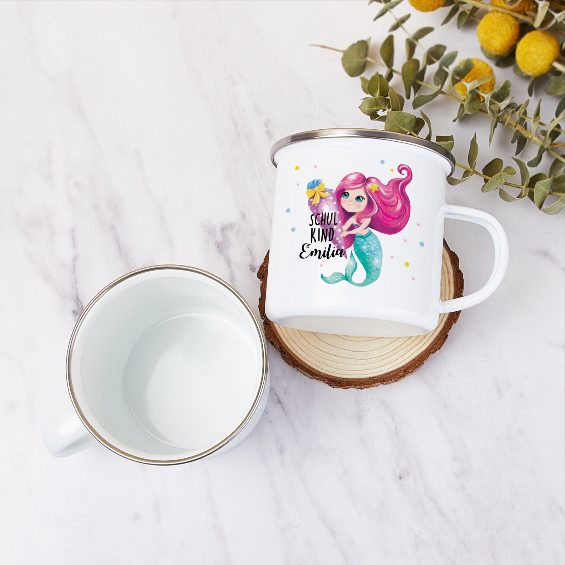 Emaille Tasse-Personalisierter Name Meerjungfrau Einhorn Becher - Schulkind- Geschenk zum Schulanfang