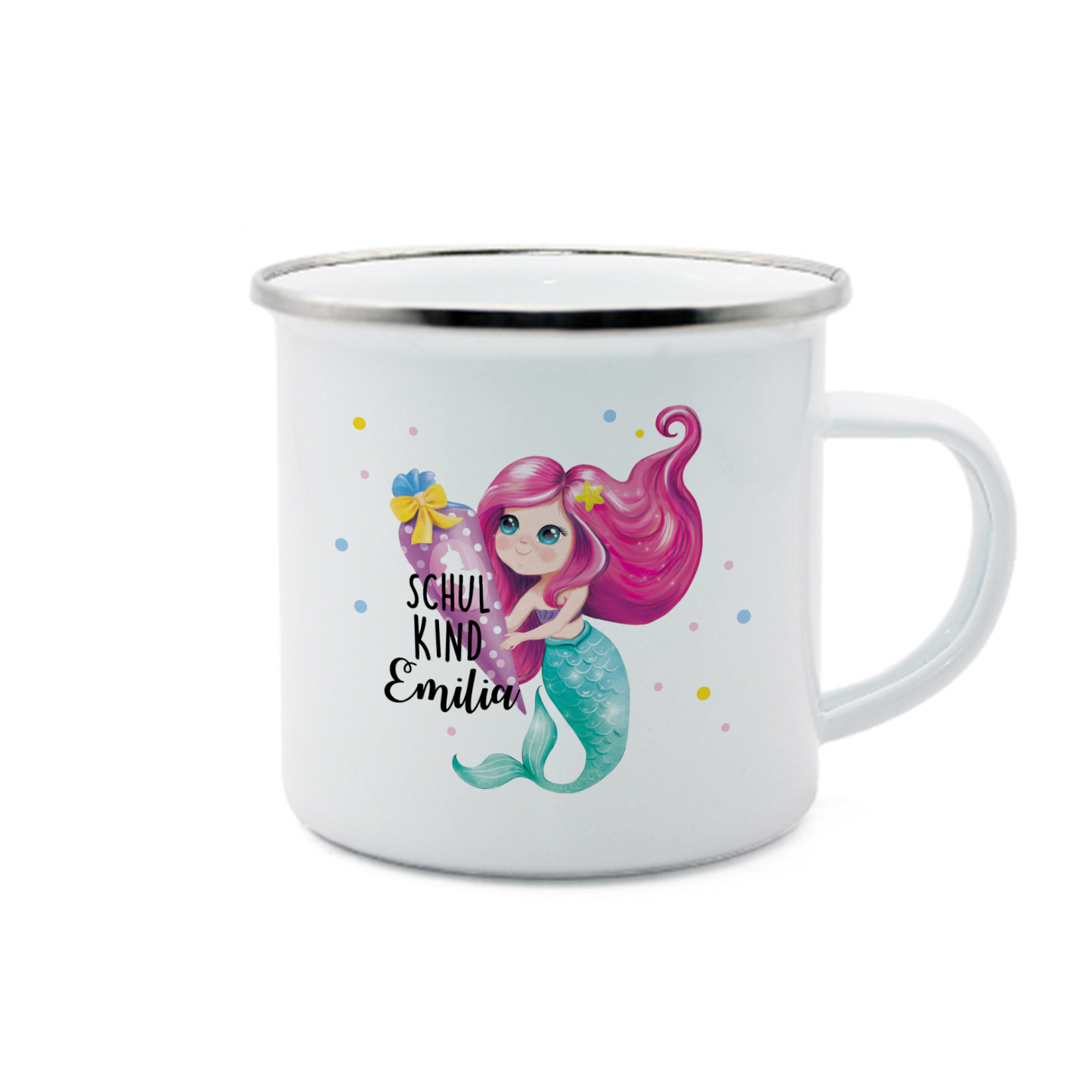 Emaille Tasse-Personalisierter Name Meerjungfrau Einhorn Becher - Schulkind- Geschenk zum Schulanfang