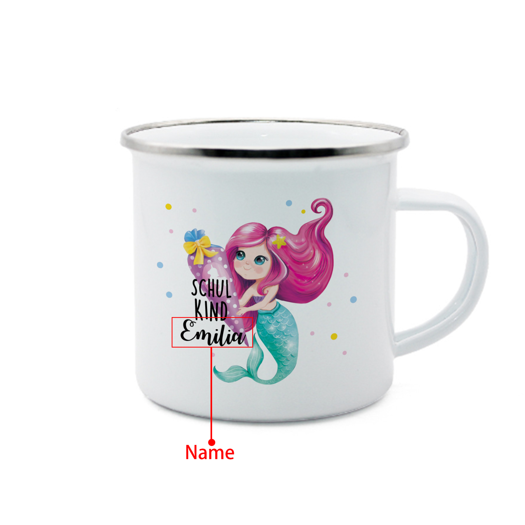 Emaille Tasse-Personalisierter Name Meerjungfrau Einhorn Becher - Schulkind- Geschenk zum Schulanfang