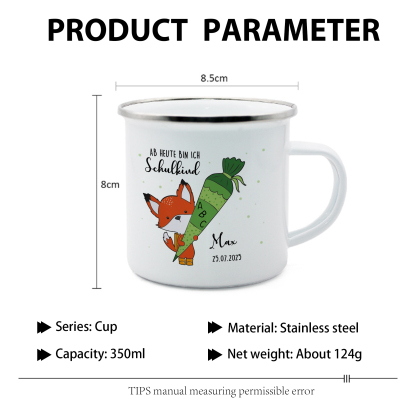 Emaille Tasse-Personalisierter Name & Datum Fuchs Einhorn Becher - Hurra ab heute bin ich ein Schulkind- Geschenk zum Schulanfang