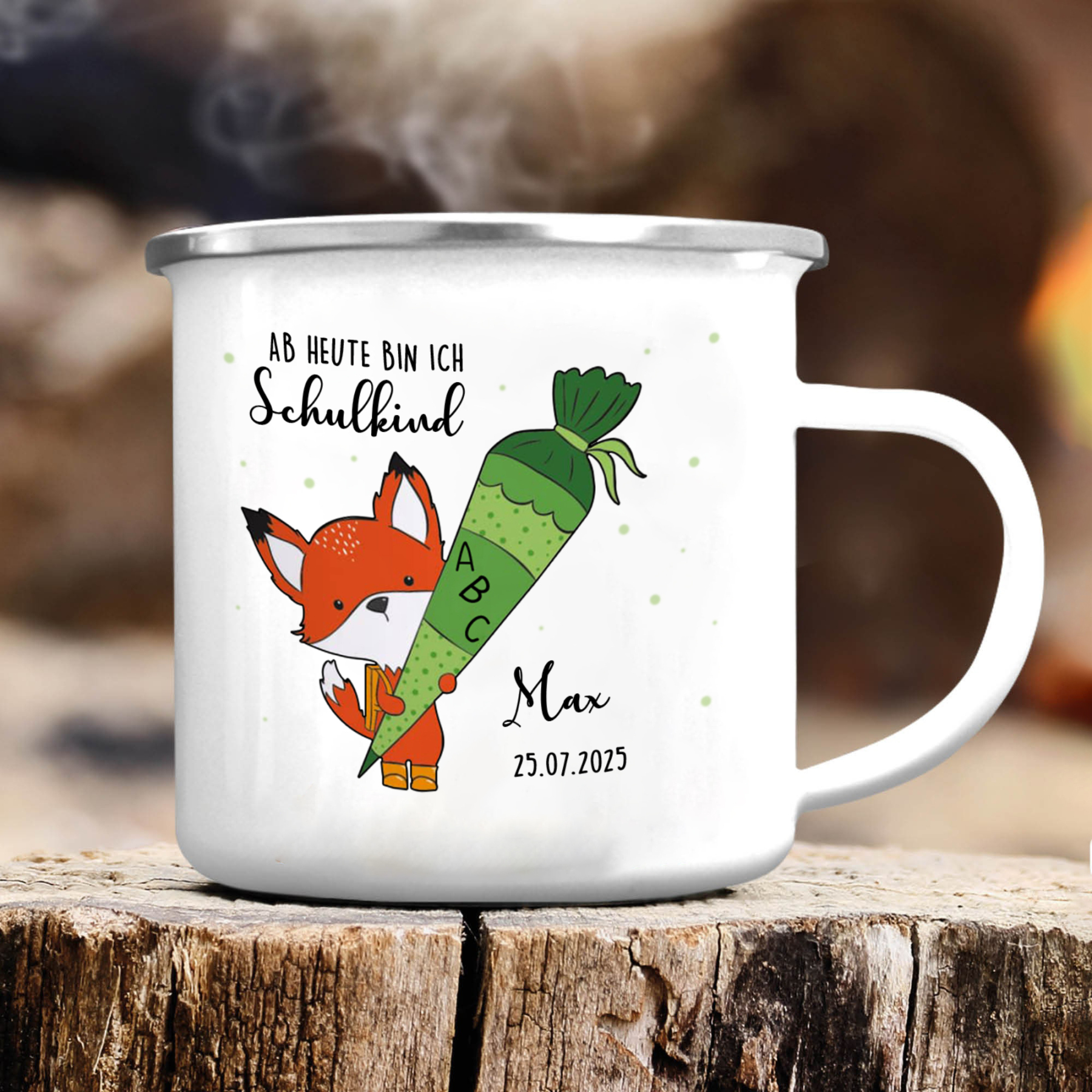 Emaille Tasse-Personalisierter Name & Datum Fuchs Einhorn Becher - Hurra ab heute bin ich ein Schulkind- Geschenk zum Schulanfang