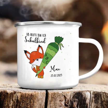 Emaille Tasse-Personalisierter Name & Datum Fuchs Einhorn Becher - Hurra ab heute bin ich ein Schulkind- Geschenk zum Schulanfang
