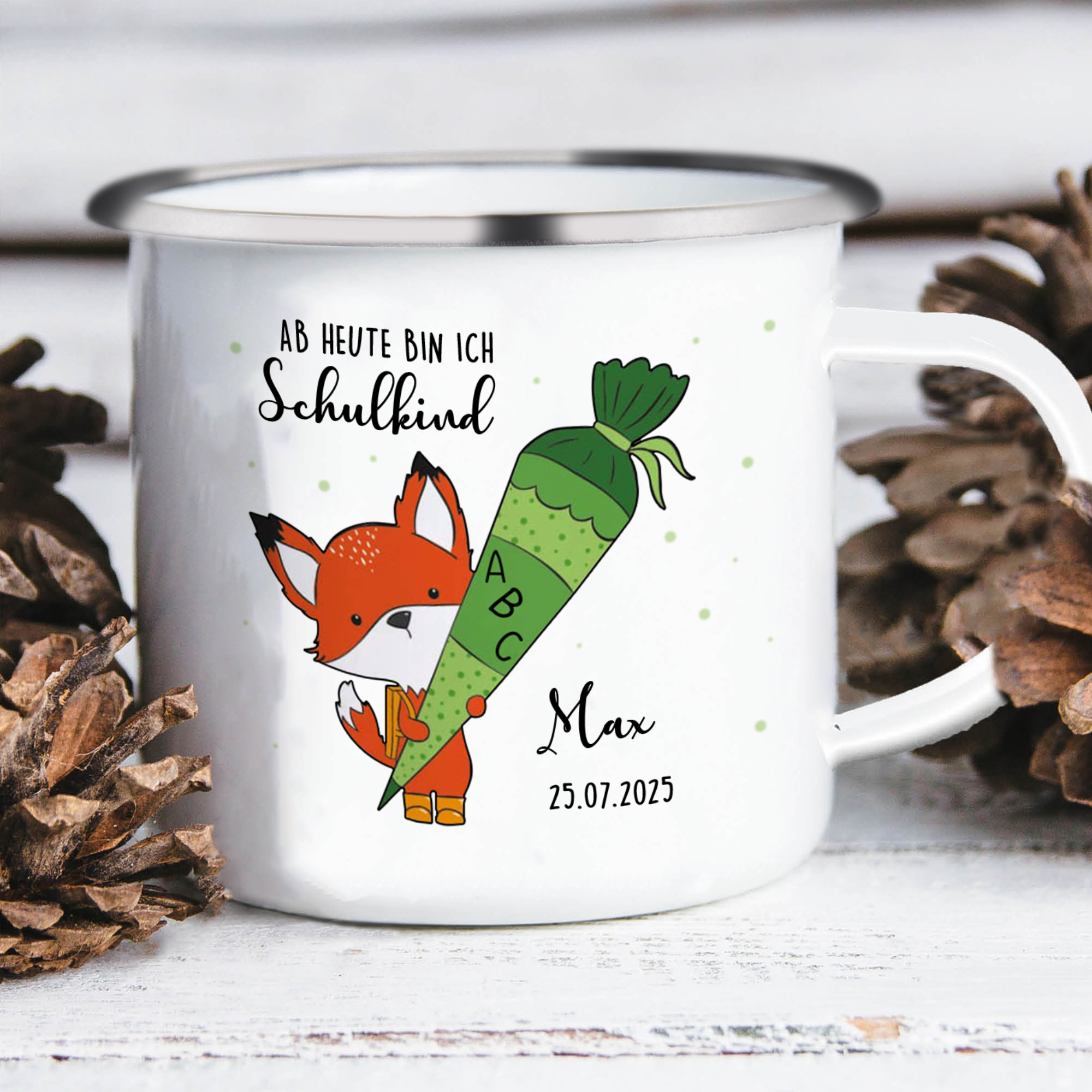Emaille Tasse-Personalisierter Name & Datum Fuchs Einhorn Becher - Hurra ab heute bin ich ein Schulkind- Geschenk zum Schulanfang