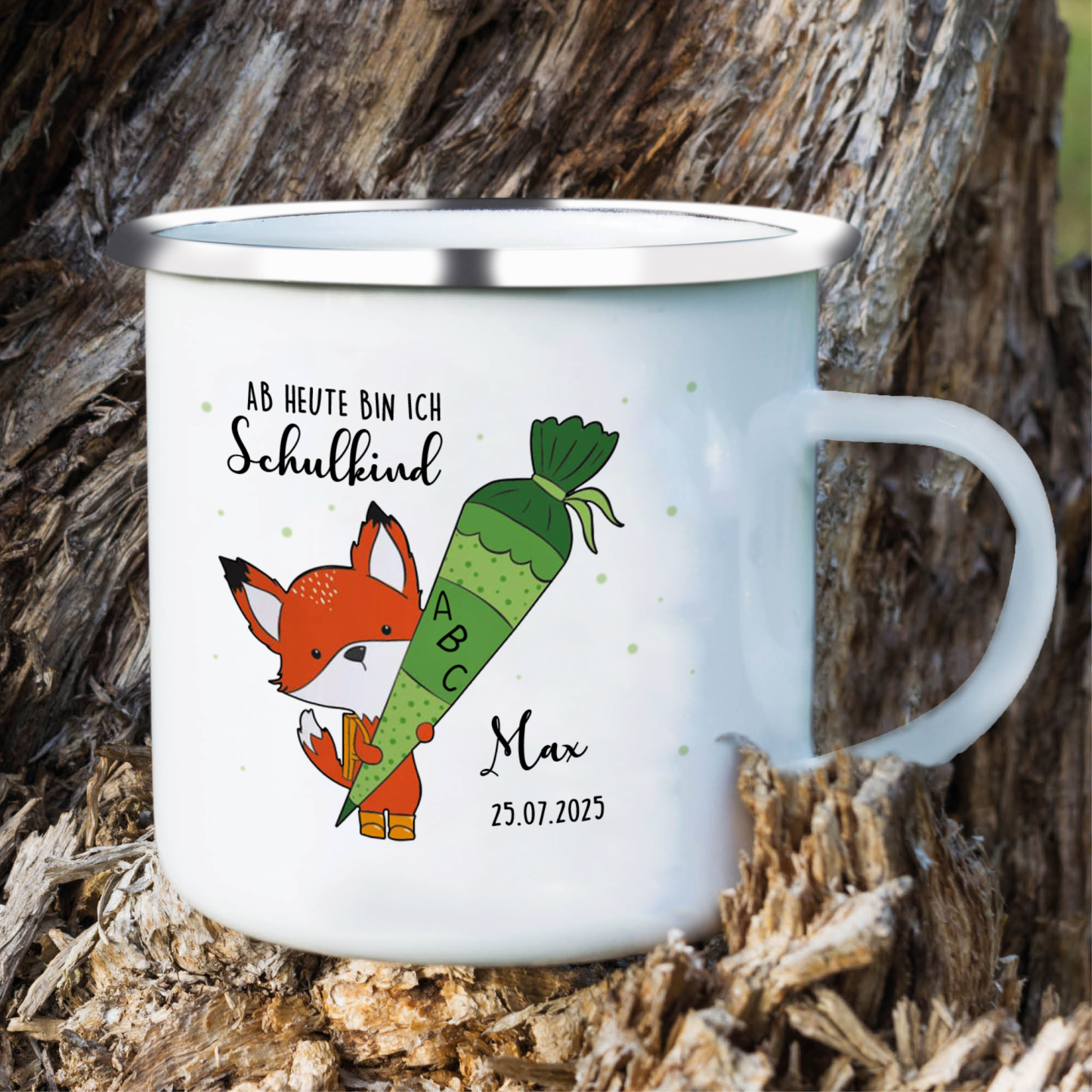 Emaille Tasse-Personalisierter Name & Datum Fuchs Einhorn Becher - Hurra ab heute bin ich ein Schulkind- Geschenk zum Schulanfang
