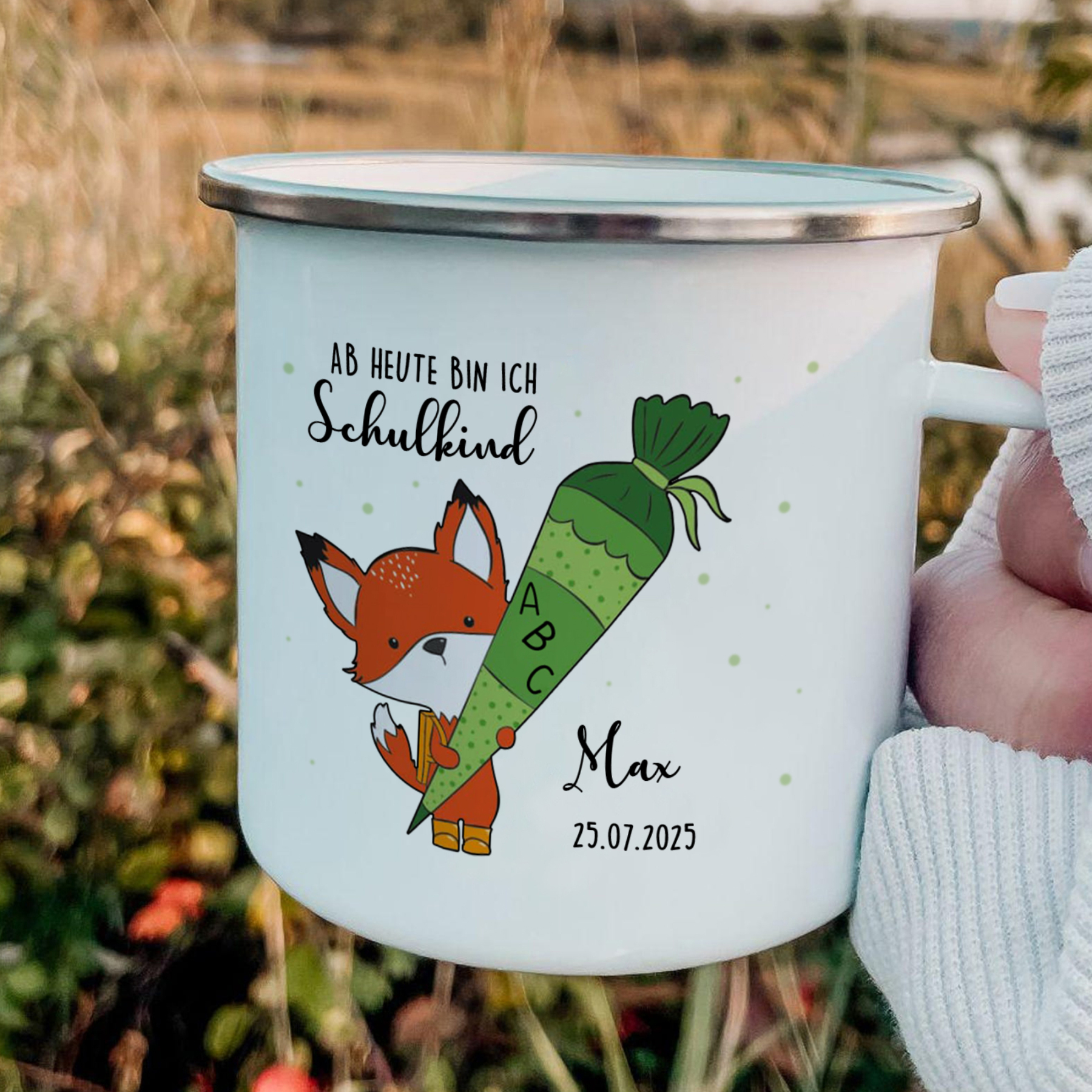 Emaille Tasse-Personalisierter Name & Datum Fuchs Einhorn Becher - Hurra ab heute bin ich ein Schulkind- Geschenk zum Schulanfang