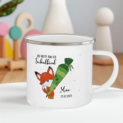 Emaille Tasse-Personalisierter Name & Datum Fuchs Einhorn Becher - Hurra ab heute bin ich ein Schulkind- Geschenk zum Schulanfang