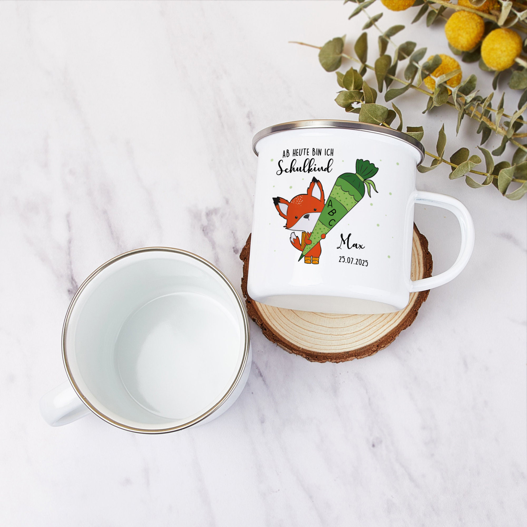 Emaille Tasse-Personalisierter Name & Datum Fuchs Einhorn Becher - Hurra ab heute bin ich ein Schulkind- Geschenk zum Schulanfang