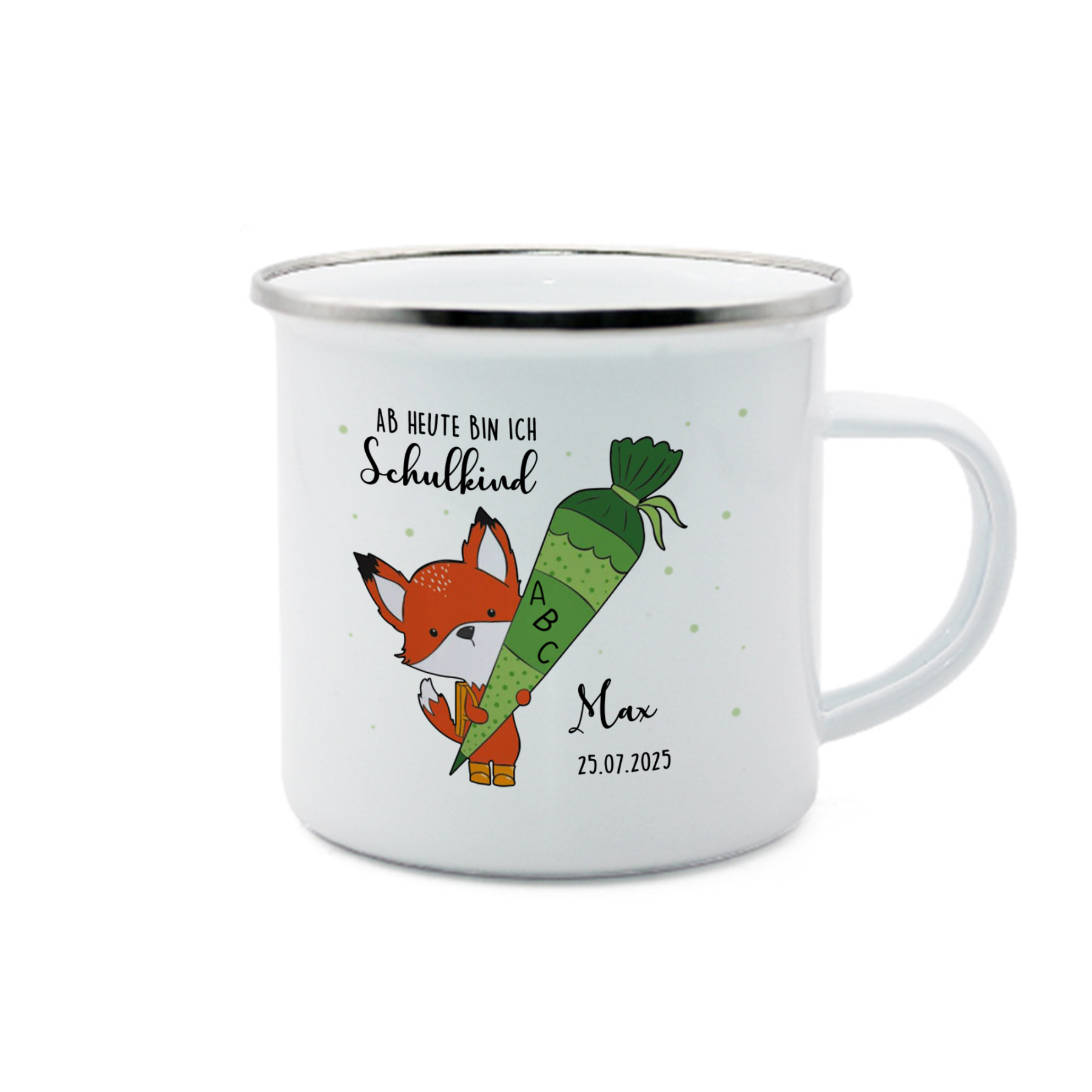 Emaille Tasse-Personalisierter Name & Datum Fuchs Einhorn Becher - Hurra ab heute bin ich ein Schulkind- Geschenk zum Schulanfang
