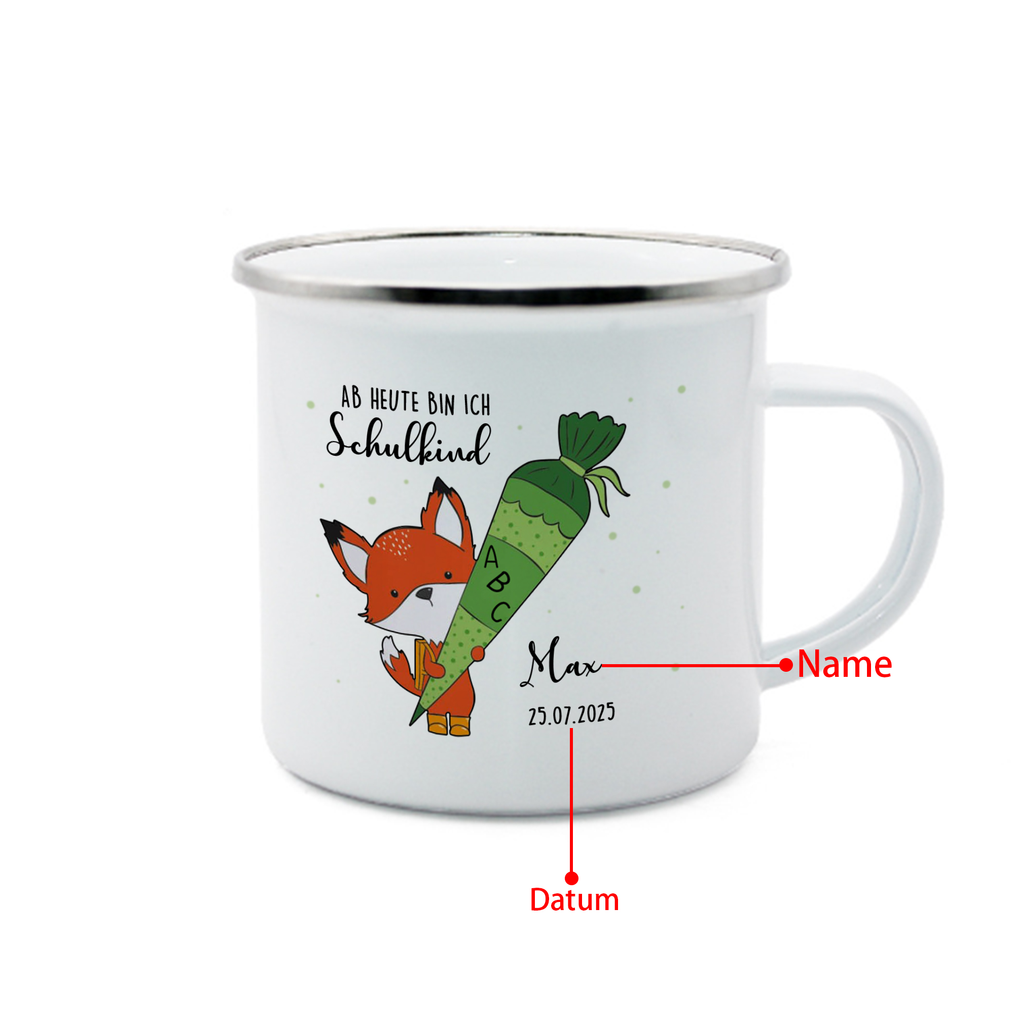 Emaille Tasse-Personalisierter Name & Datum Fuchs Einhorn Becher - Hurra ab heute bin ich ein Schulkind- Geschenk zum Schulanfang