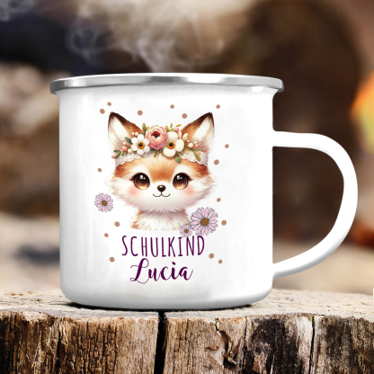 Emaille Tasse-Personalisierter Name Katze Einhorn Becher - Hurra ich bin ein Schulkind- Geschenk zum Schulanfang