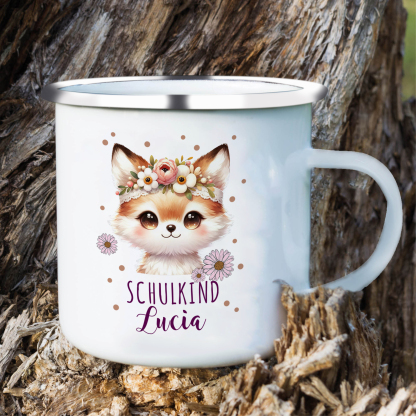 Emaille Tasse-Personalisierter Name Katze Einhorn Becher - Hurra ich bin ein Schulkind- Geschenk zum Schulanfang