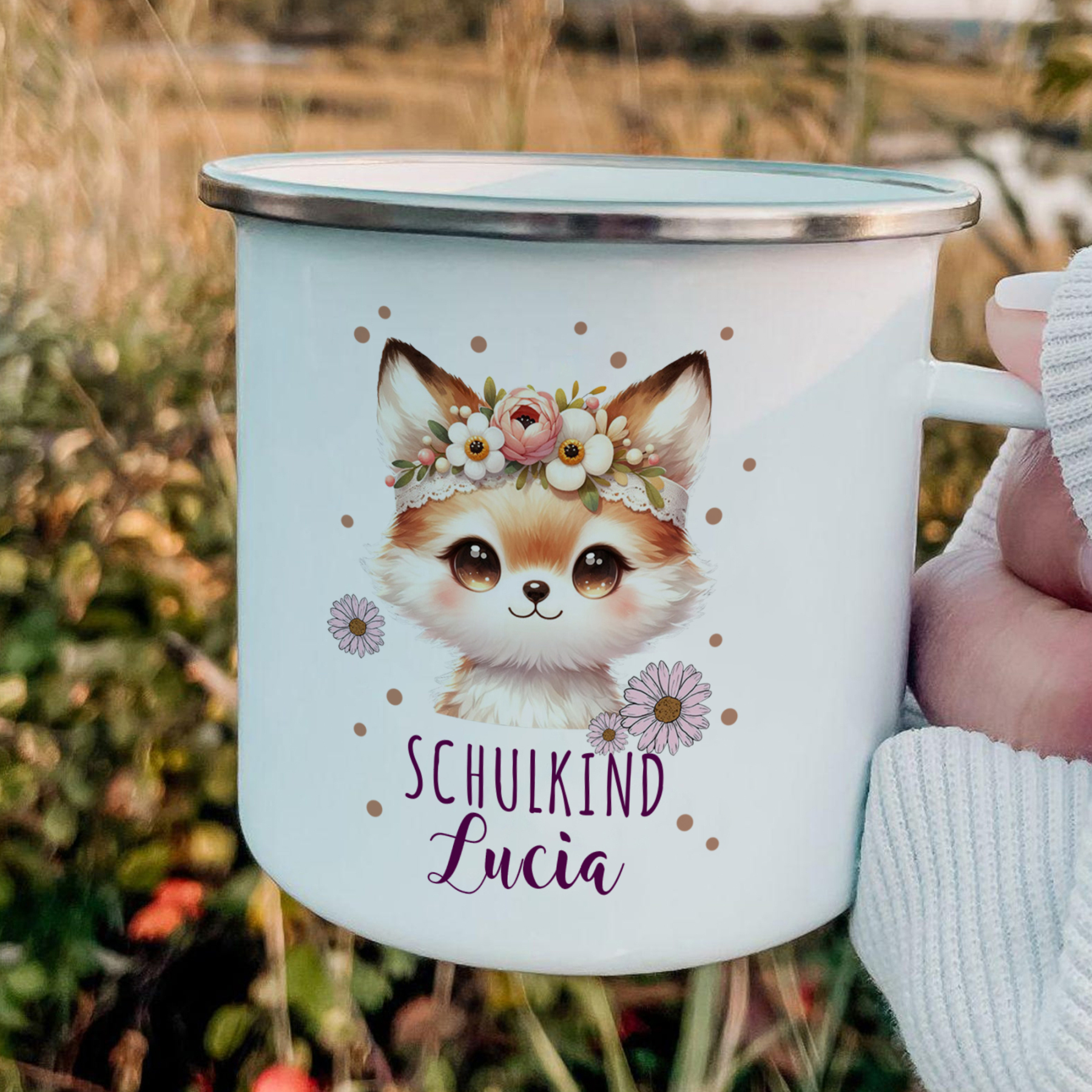 Emaille Tasse-Personalisierter Name Katze Einhorn Becher - Hurra ich bin ein Schulkind- Geschenk zum Schulanfang