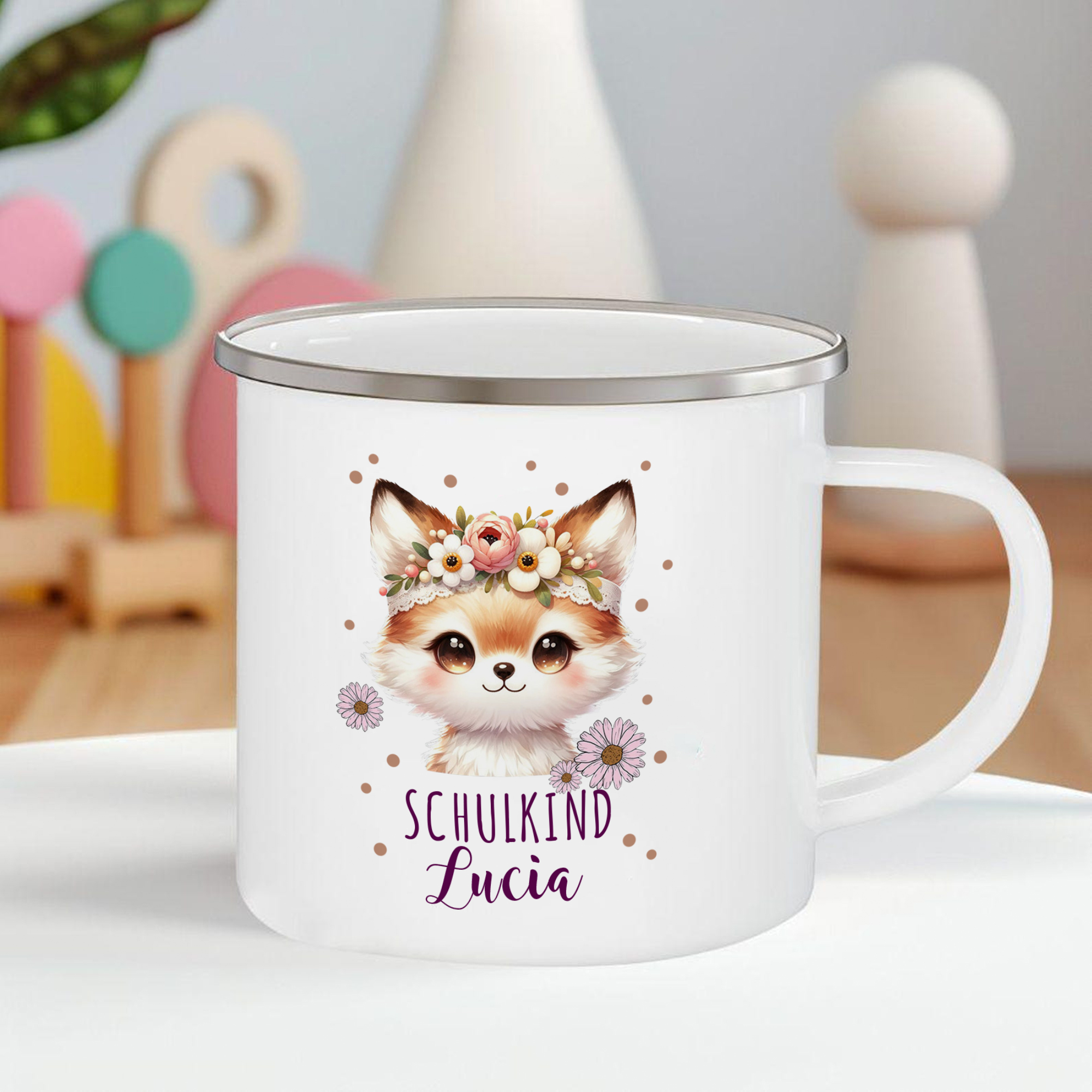 Emaille Tasse-Personalisierter Name Katze Einhorn Becher - Hurra ich bin ein Schulkind- Geschenk zum Schulanfang