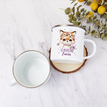 Emaille Tasse-Personalisierter Name Katze Einhorn Becher - Hurra ich bin ein Schulkind- Geschenk zum Schulanfang