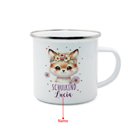 Emaille Tasse-Personalisierter Name Katze Einhorn Becher - Hurra ich bin ein Schulkind- Geschenk zum Schulanfang