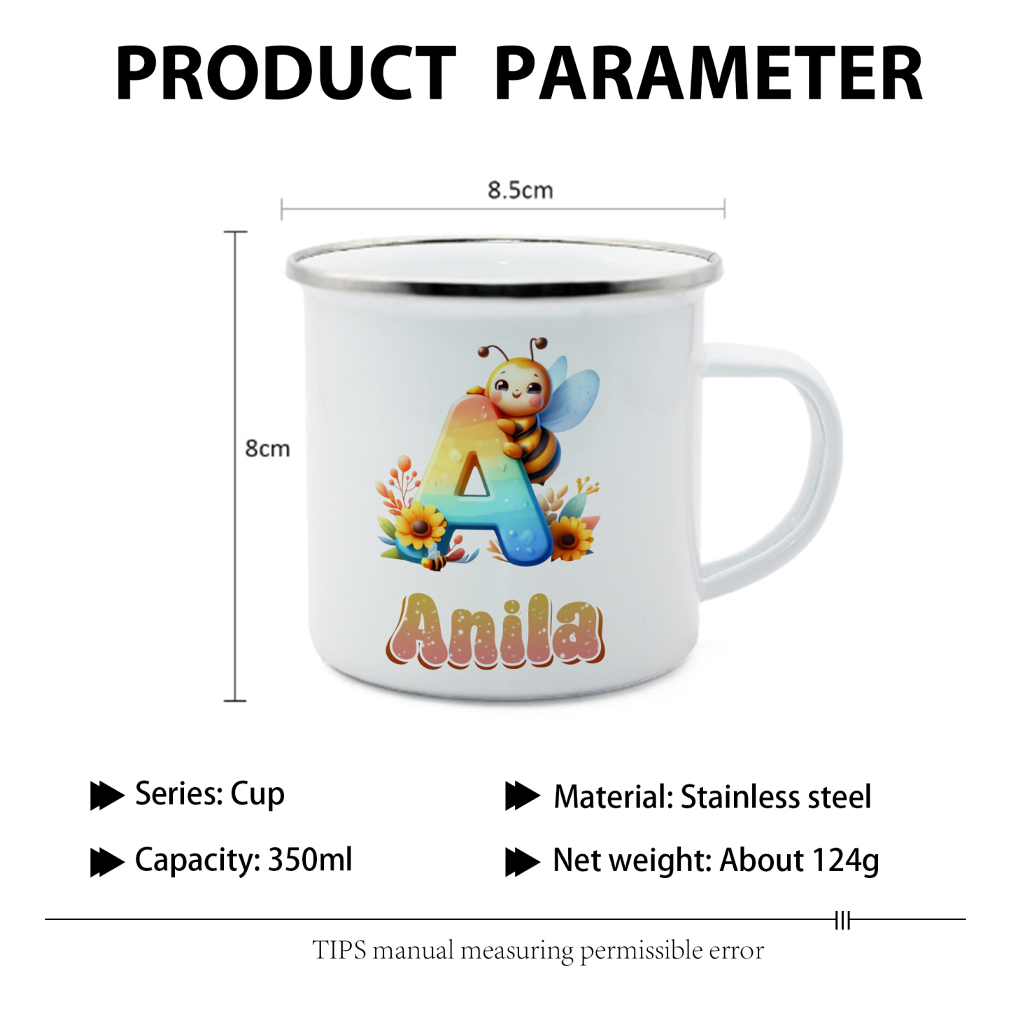 Emaille Tasse-Personalisierter Name & Buchstabe Biene Einhorn Becher - Geschenk zum Schulanfang
