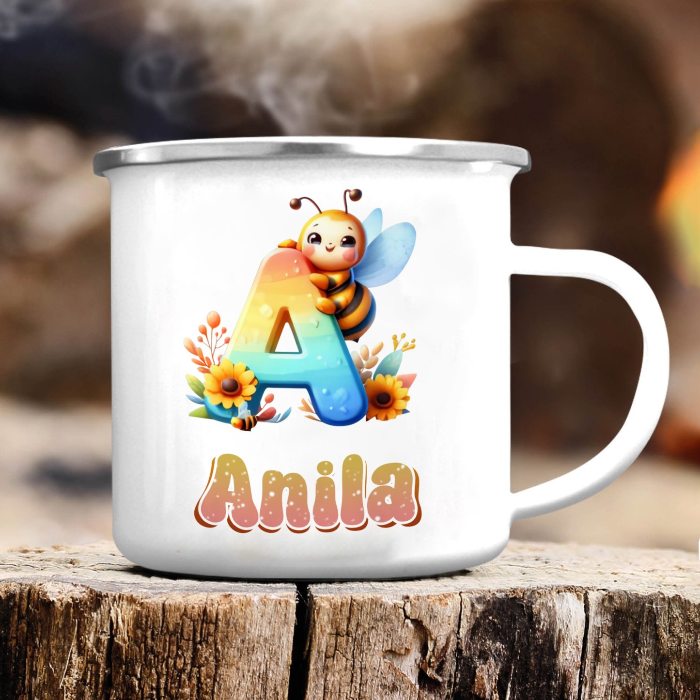 Emaille Tasse-Personalisierter Name & Buchstabe Biene Einhorn Becher - Geschenk zum Schulanfang