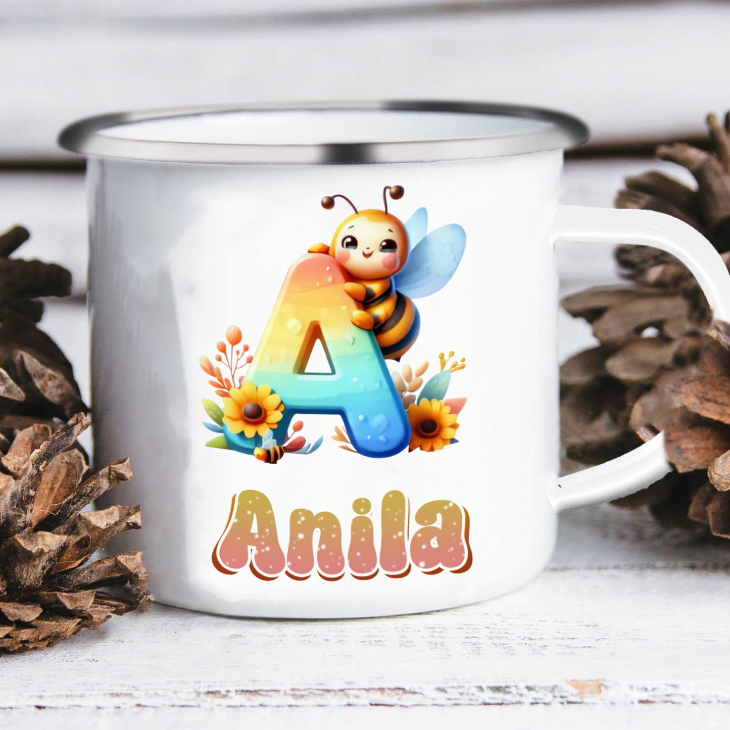 Emaille Tasse-Personalisierter Name & Buchstabe Biene Einhorn Becher - Geschenk zum Schulanfang