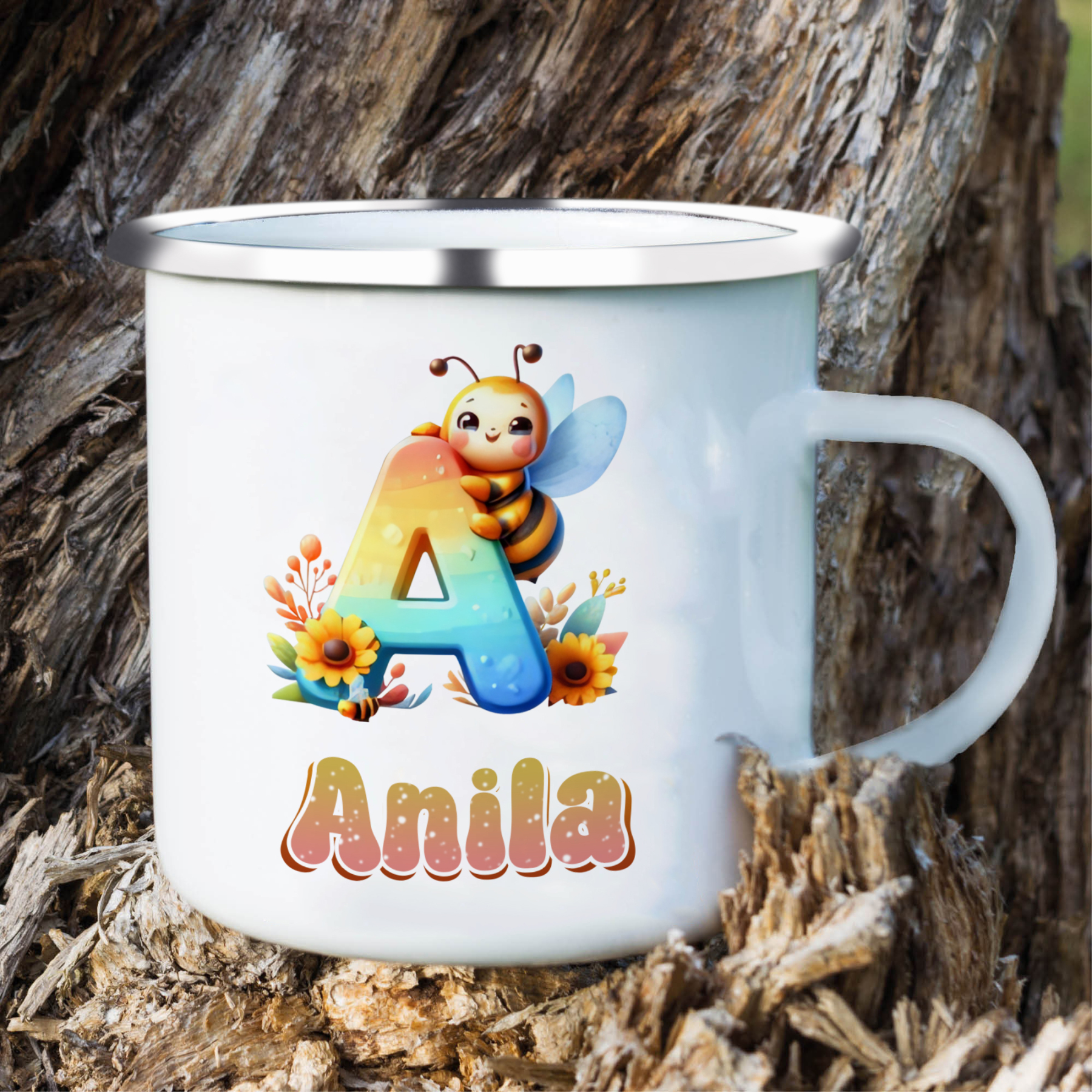 Emaille Tasse-Personalisierter Name & Buchstabe Biene Einhorn Becher - Geschenk zum Schulanfang