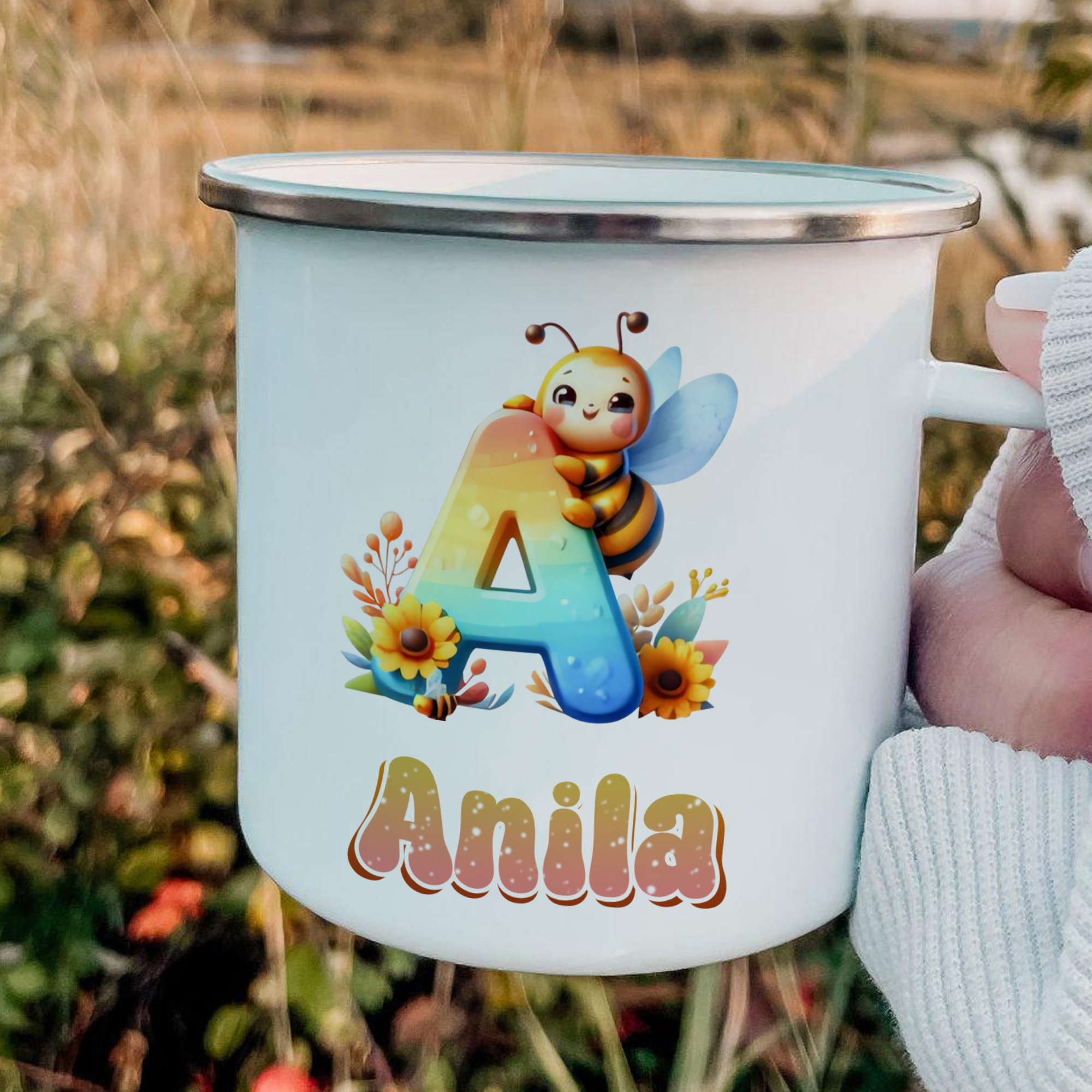 Emaille Tasse-Personalisierter Name & Buchstabe Biene Einhorn Becher - Geschenk zum Schulanfang