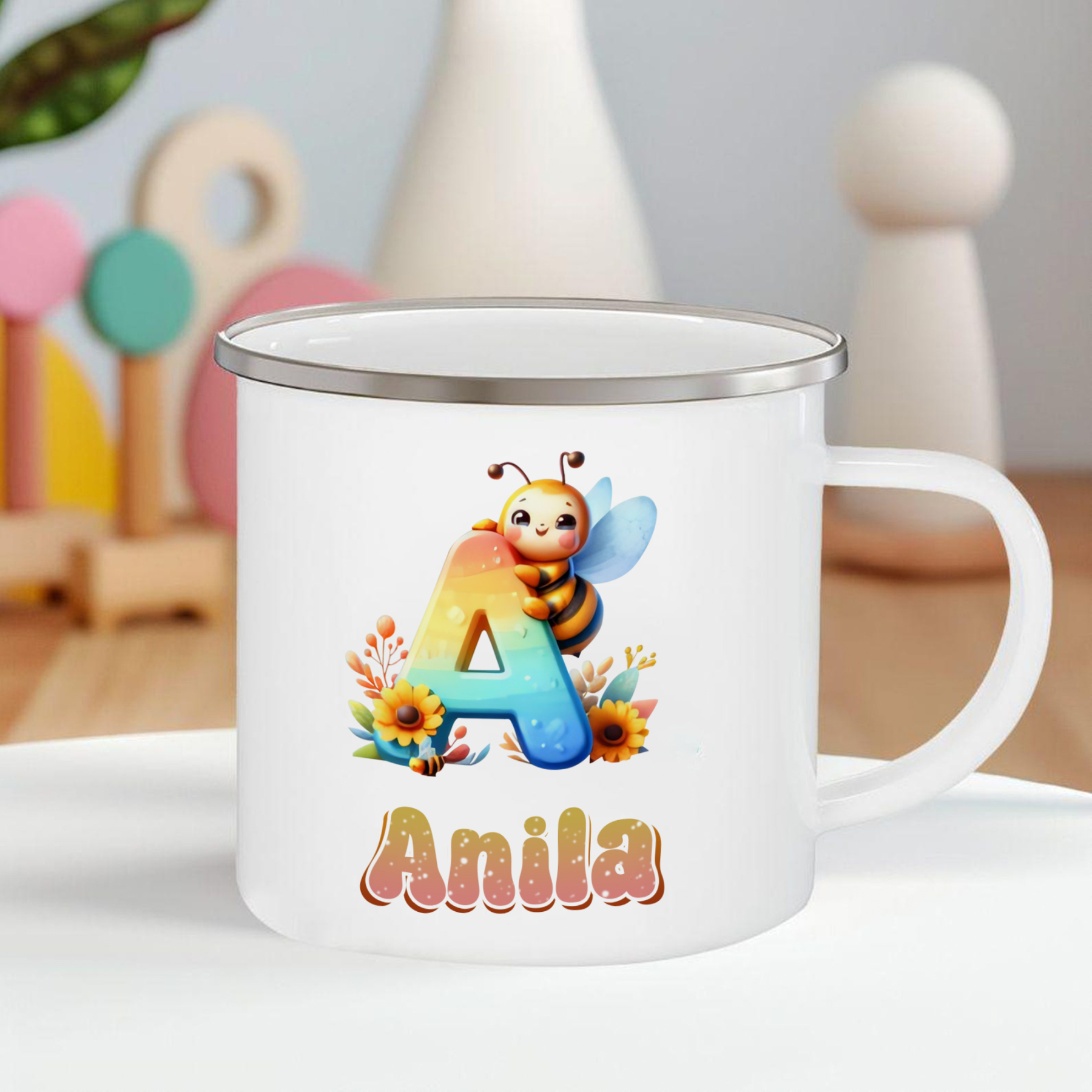 Emaille Tasse-Personalisierter Name & Buchstabe Biene Einhorn Becher - Geschenk zum Schulanfang