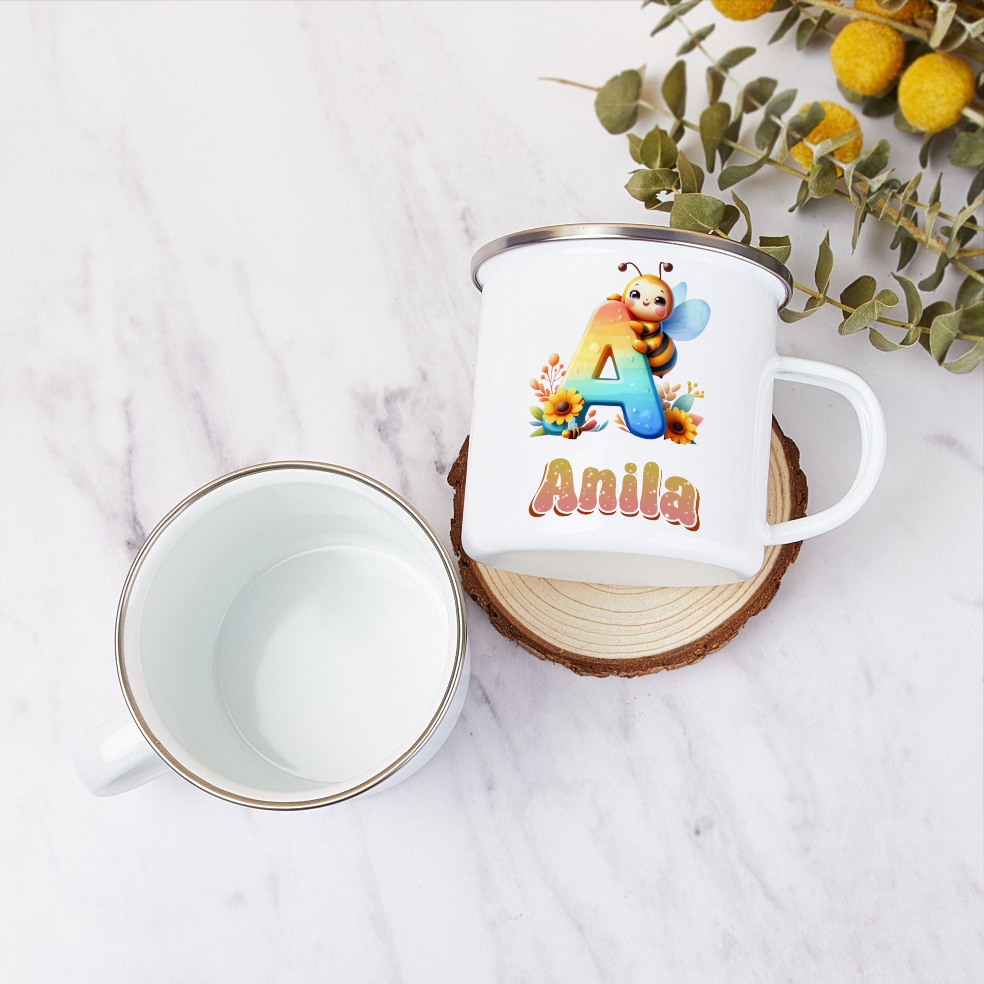 Emaille Tasse-Personalisierter Name & Buchstabe Biene Einhorn Becher - Geschenk zum Schulanfang