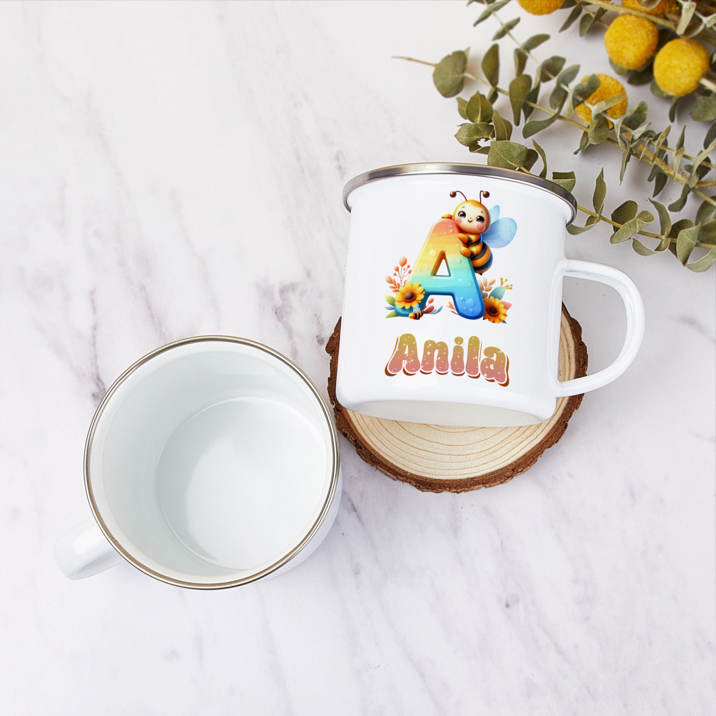 Emaille Tasse-Personalisierter Name & Buchstabe Biene Einhorn Becher - Geschenk zum Schulanfang