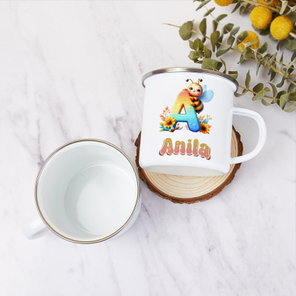 Emaille Tasse-Personalisierter Name & Buchstabe Biene Einhorn Becher - Geschenk zum Schulanfang