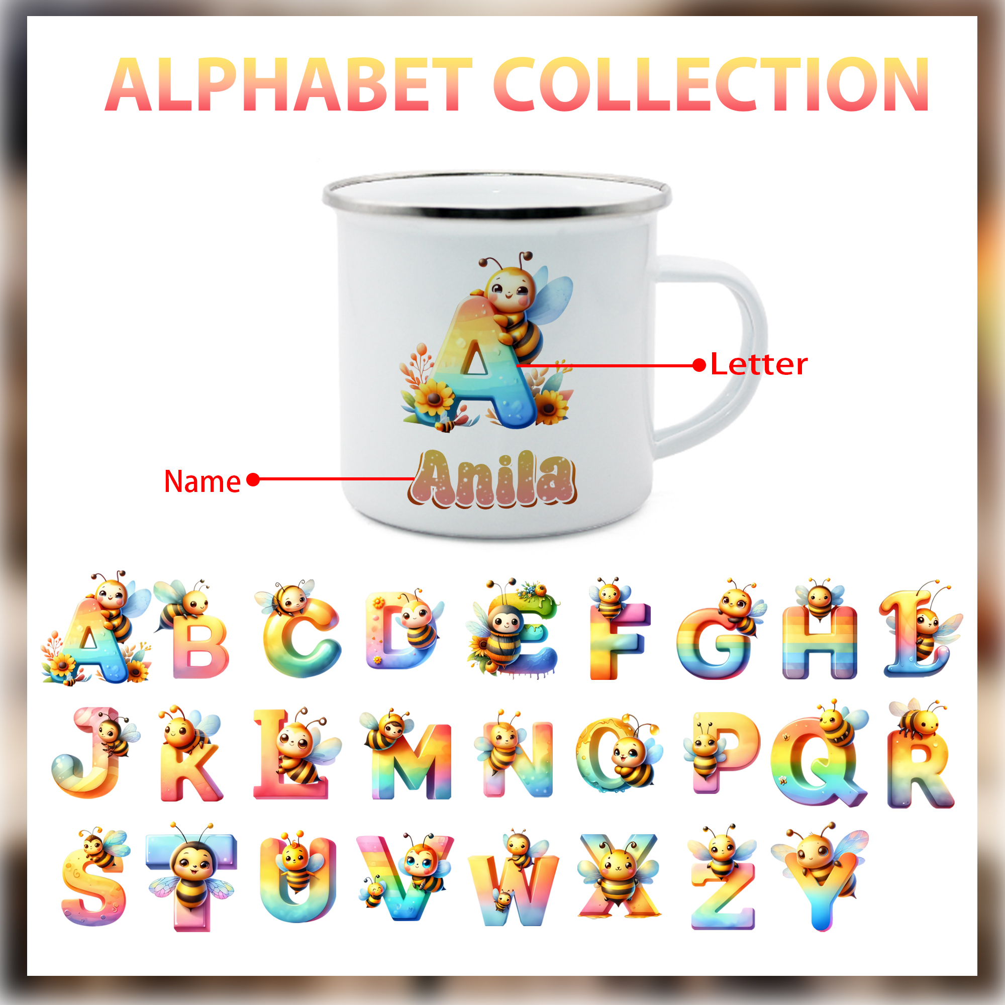 Emaille Tasse-Personalisierter Name & Buchstabe Biene Einhorn Becher - Geschenk zum Schulanfang