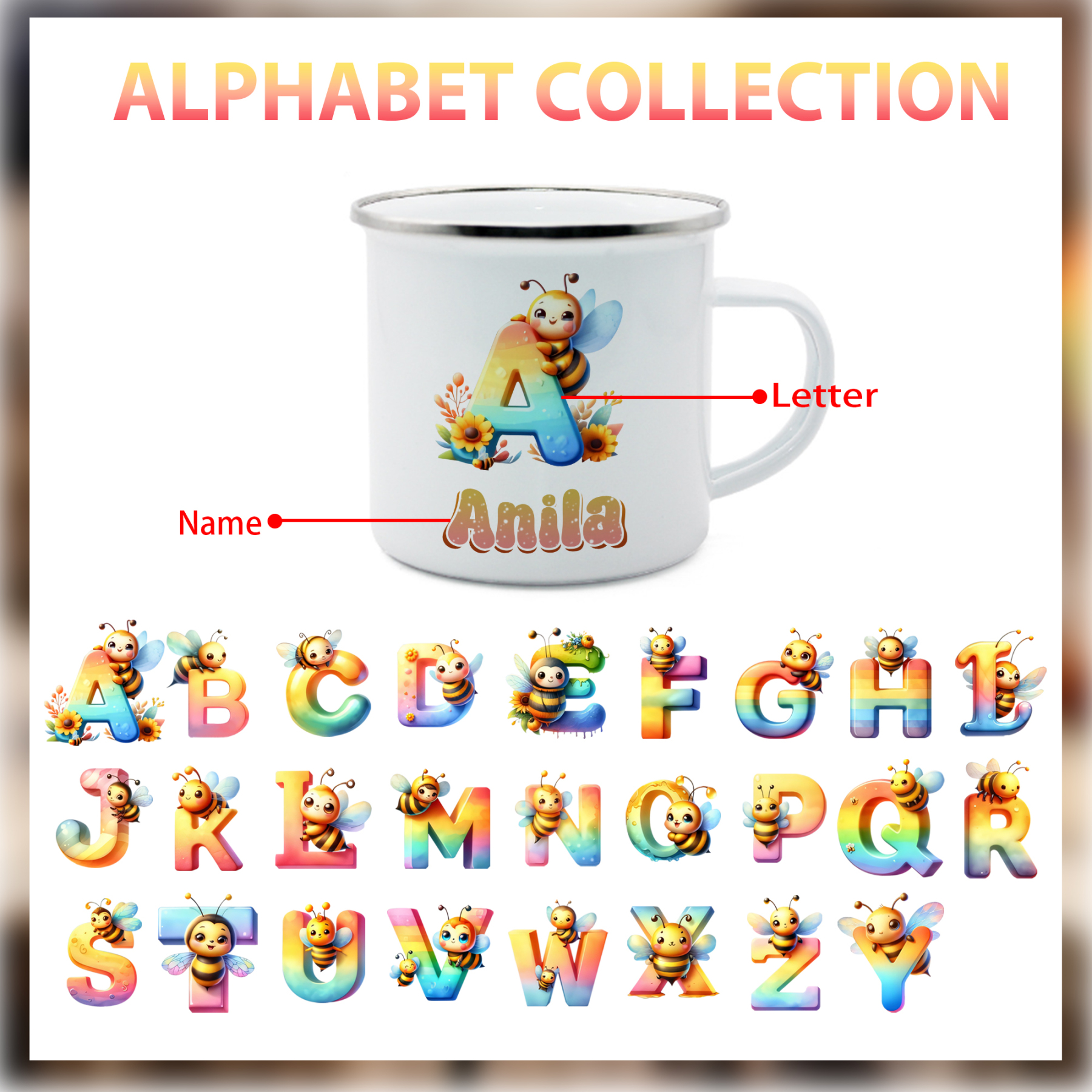 Emaille Tasse-Personalisierter Name & Buchstabe Biene Einhorn Becher - Geschenk zum Schulanfang