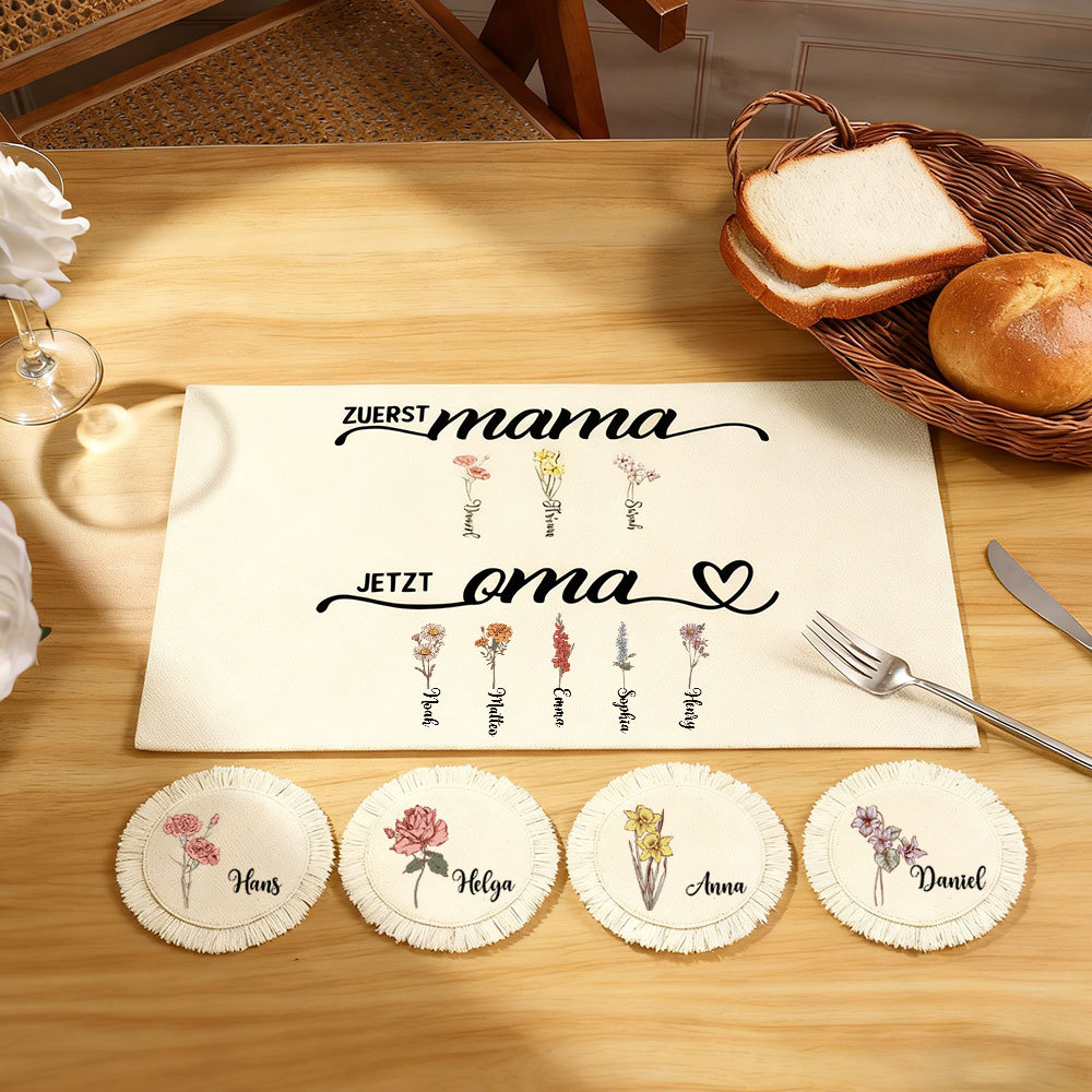 Personalisiertes Weiß Leinen-Tischset Untersetzer Geburtsblumen für Mama Oma