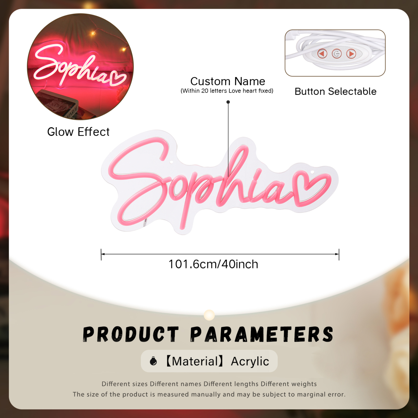 Personalisierbare 1 Name Acryl Neonlicht in Pink - Verschiedene Größen