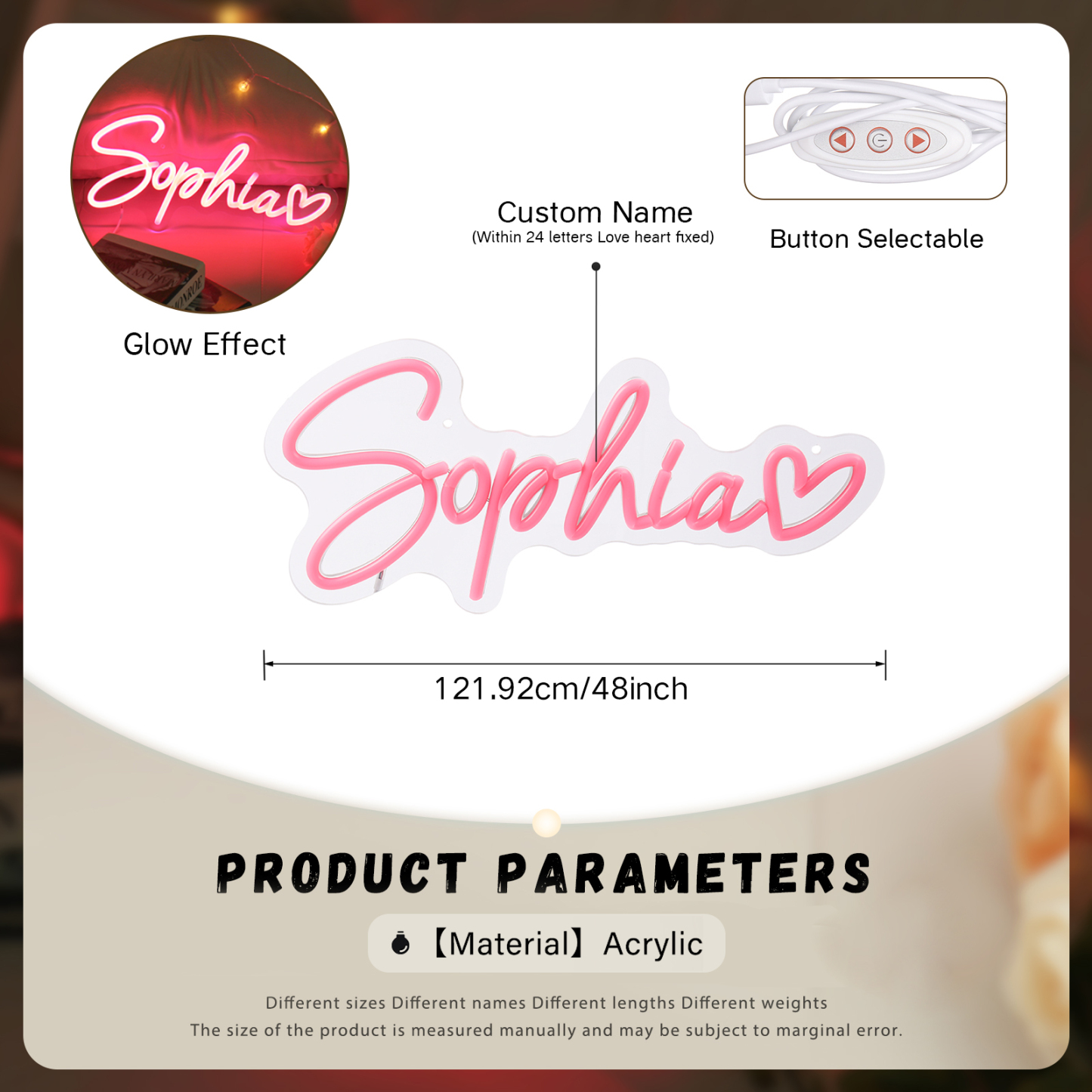 Personalisierbare 1 Name Acryl Neonlicht in Pink - Verschiedene Größen