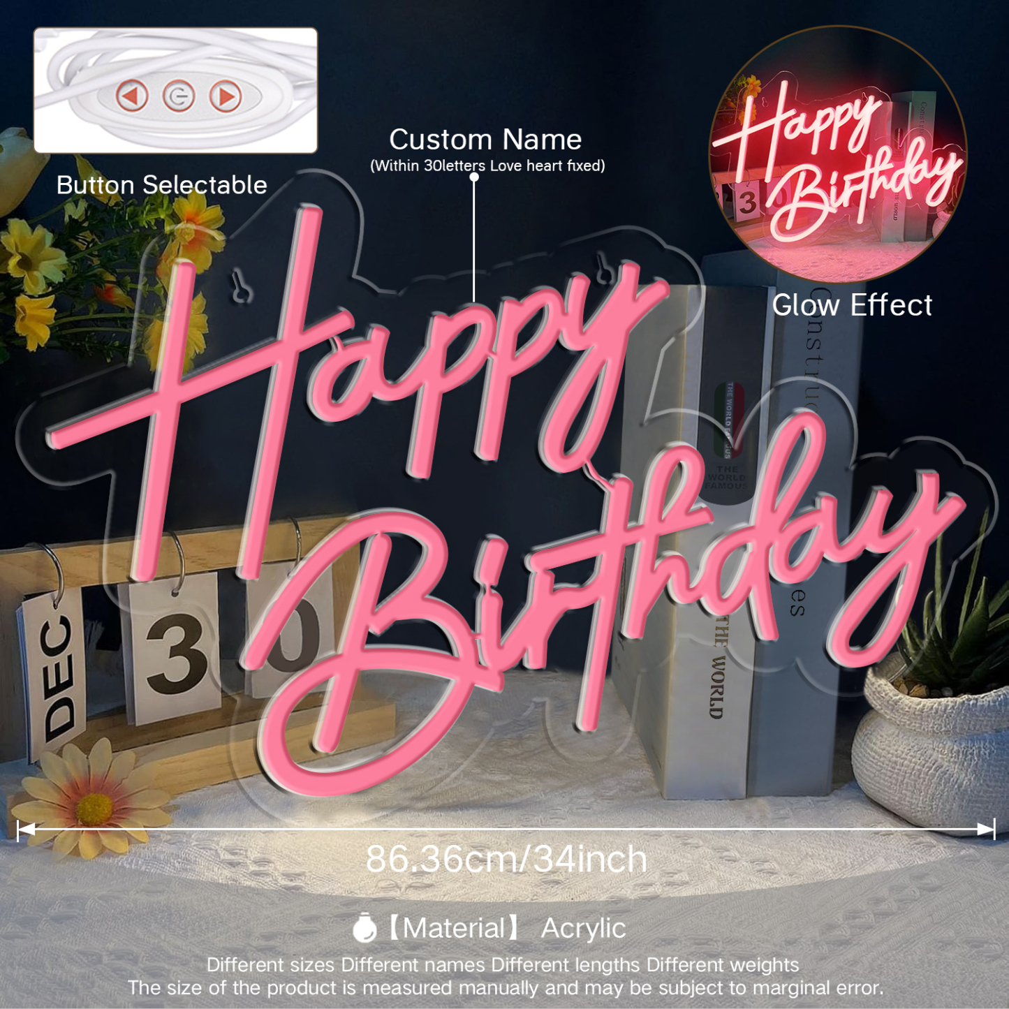 Personalisierbare 2 Namen Acryl Neonlicht in Pink - Verschiedene Größen