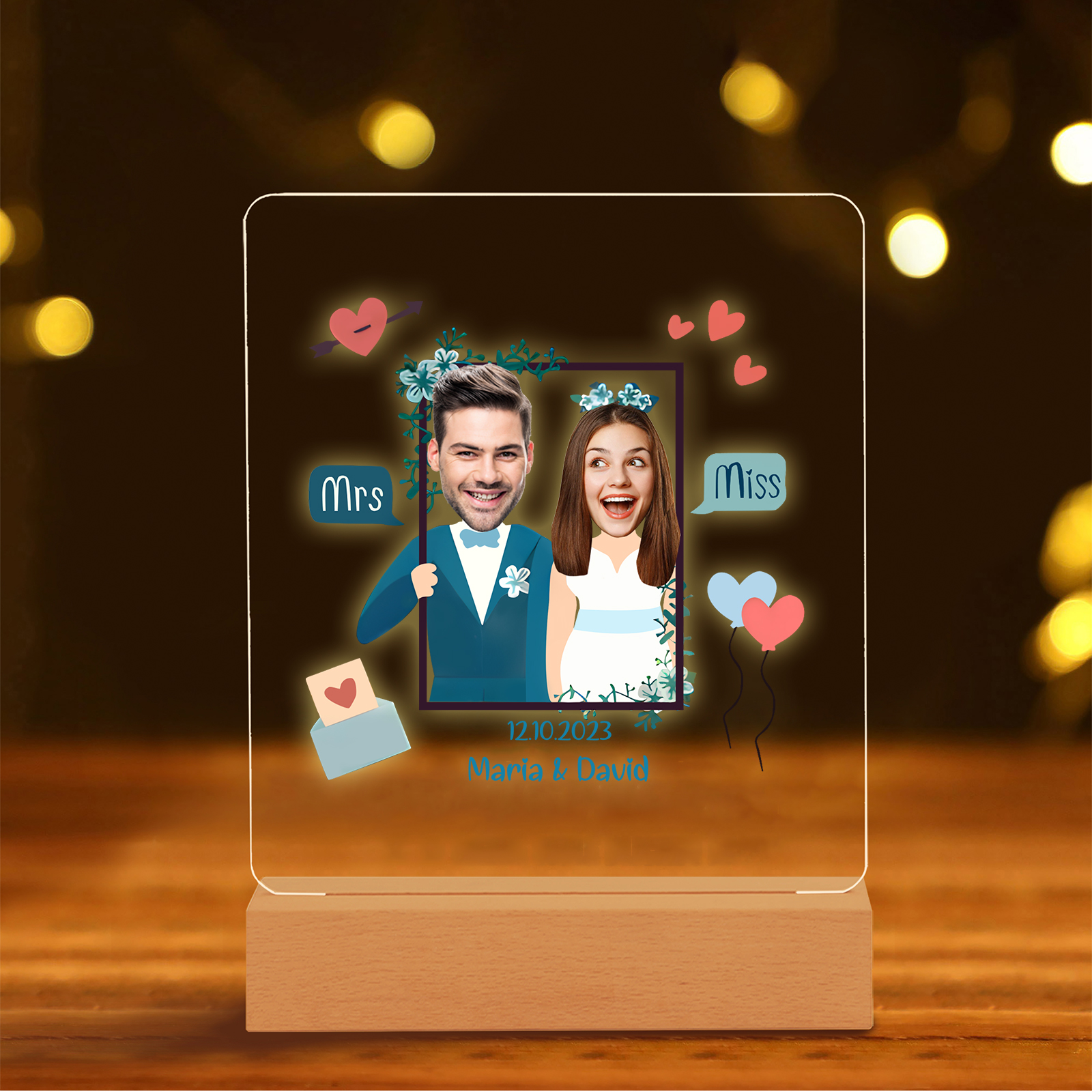 Personalisierte 2 Namen & Datum & 2 Fotos Paar Avataren Acryl Nachtlicht – LED-Nachtlampe für Paar