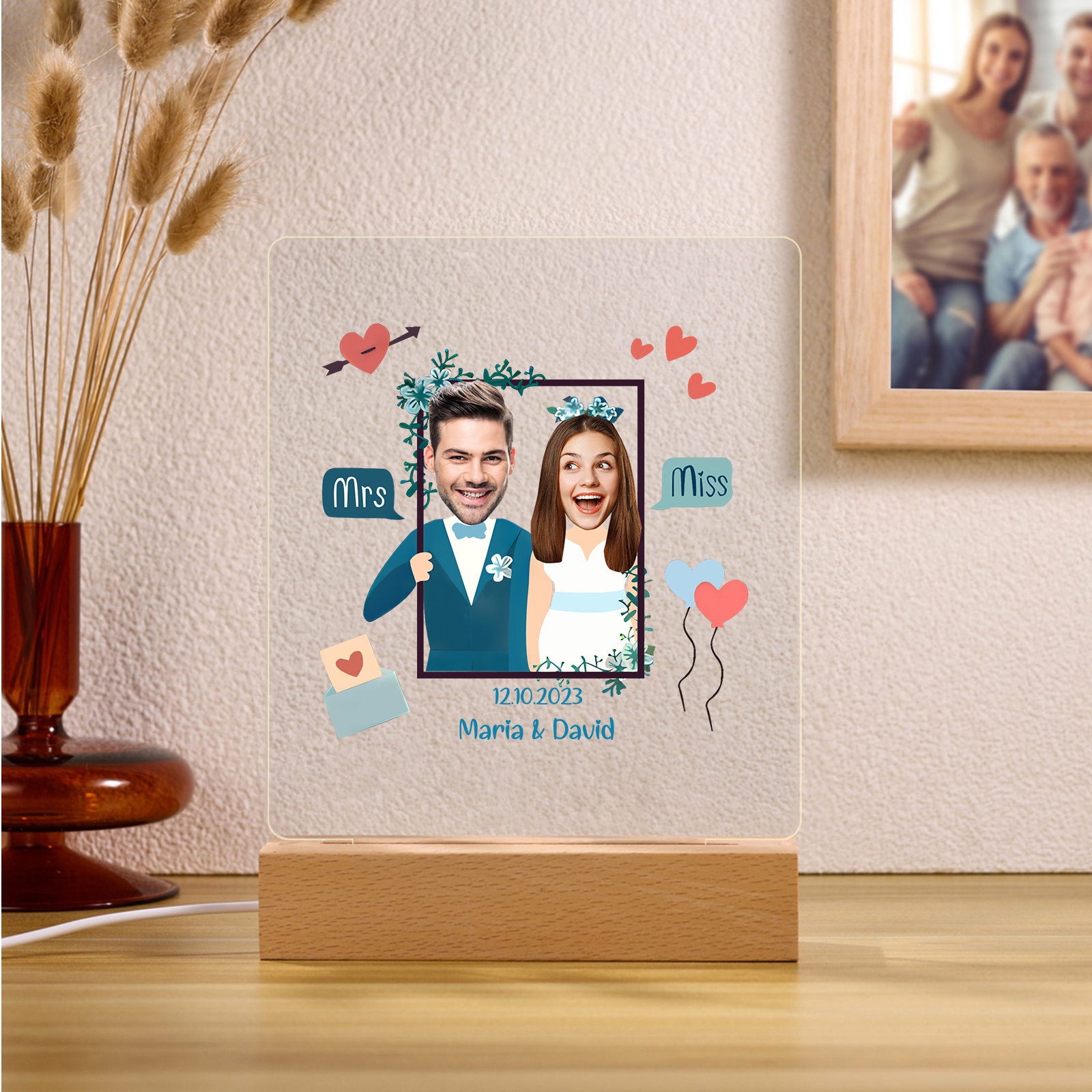 Personalisierte 2 Namen & Datum & 2 Fotos Paar Avataren Acryl Nachtlicht – LED-Nachtlampe für Paar
