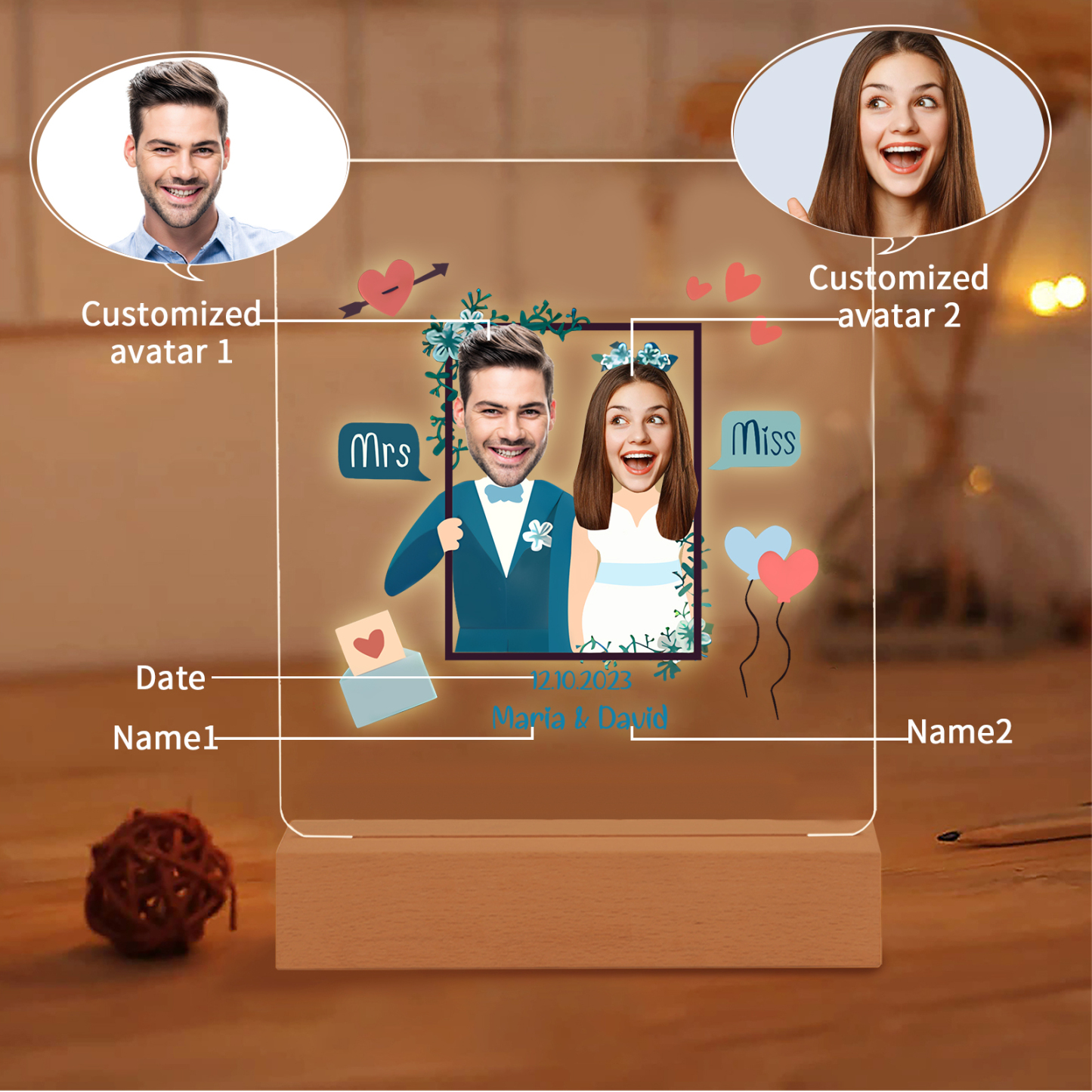 Personalisierte 2 Namen & Datum & 2 Fotos Paar Avataren Acryl Nachtlicht – LED-Nachtlampe für Paar