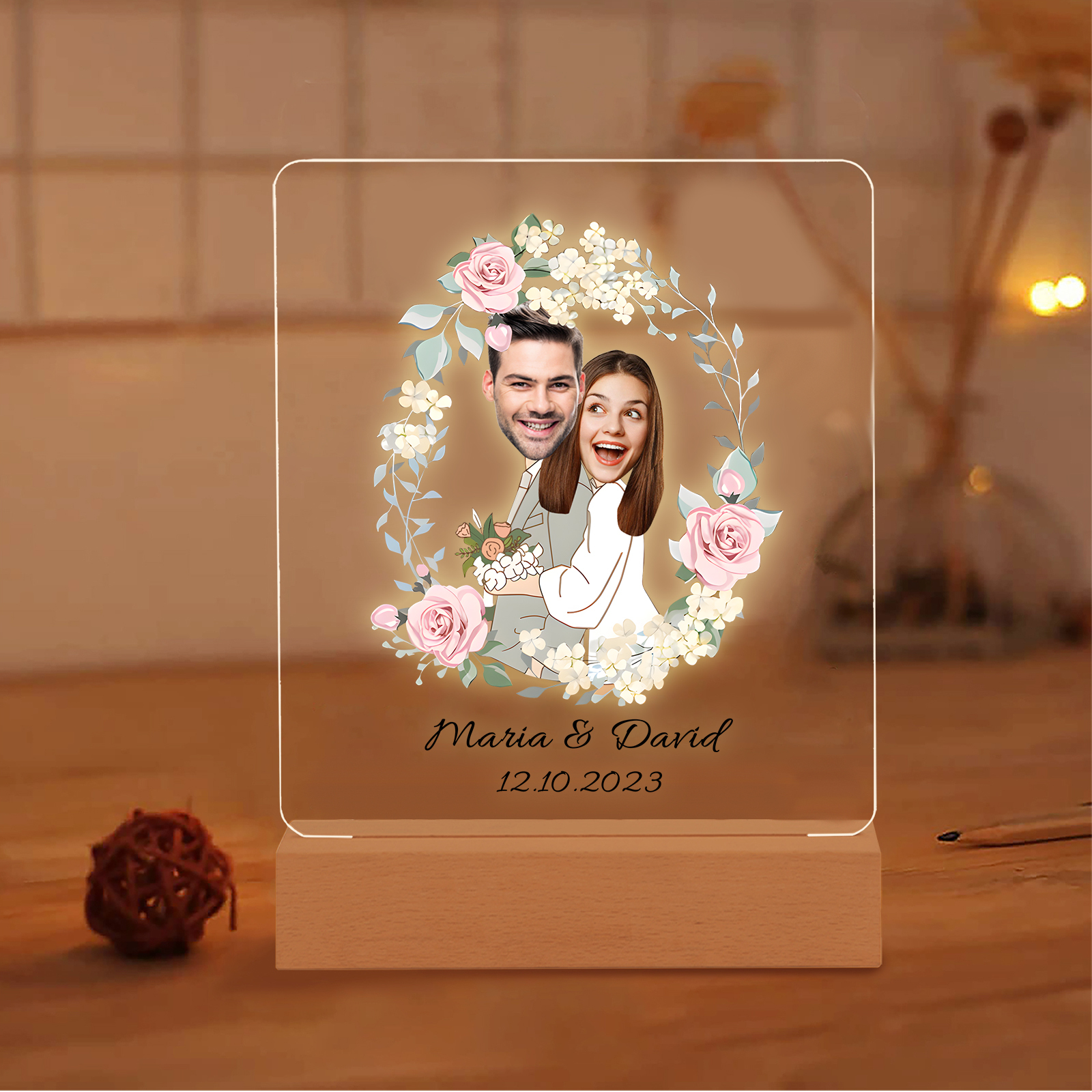 Personalisierte 2 Namen & Datum & 2 Fotos Paar Avataren Acryl Nachtlic