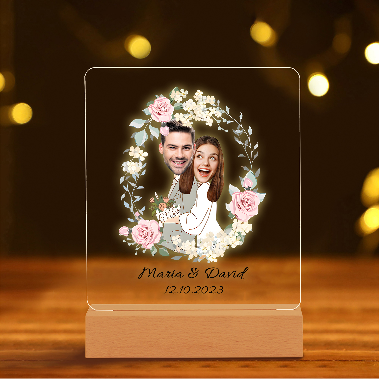 Personalisierte 2 Namen & Datum & 2 Fotos Paar Avataren Acryl Nachtlicht – LED-Nachtlampe für Paar