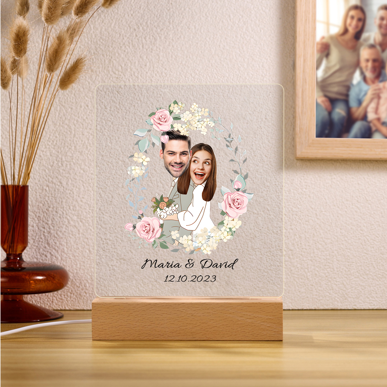 Personalisierte 2 Namen & Datum & 2 Fotos Paar Avataren Acryl Nachtlicht – LED-Nachtlampe für Paar
