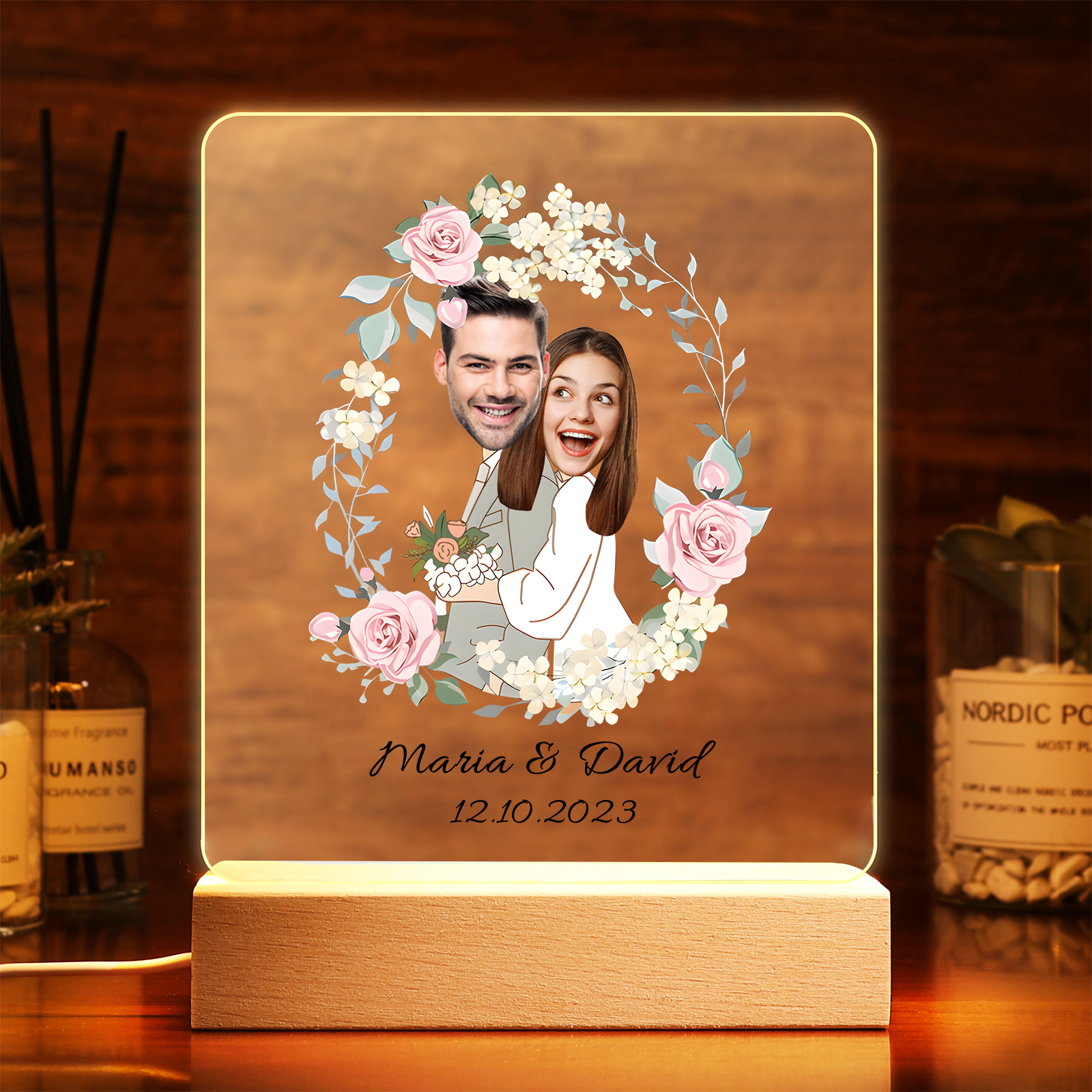 Personalisierte 2 Namen & Datum & 2 Fotos Paar Avataren Acryl Nachtlicht – LED-Nachtlampe für Paar