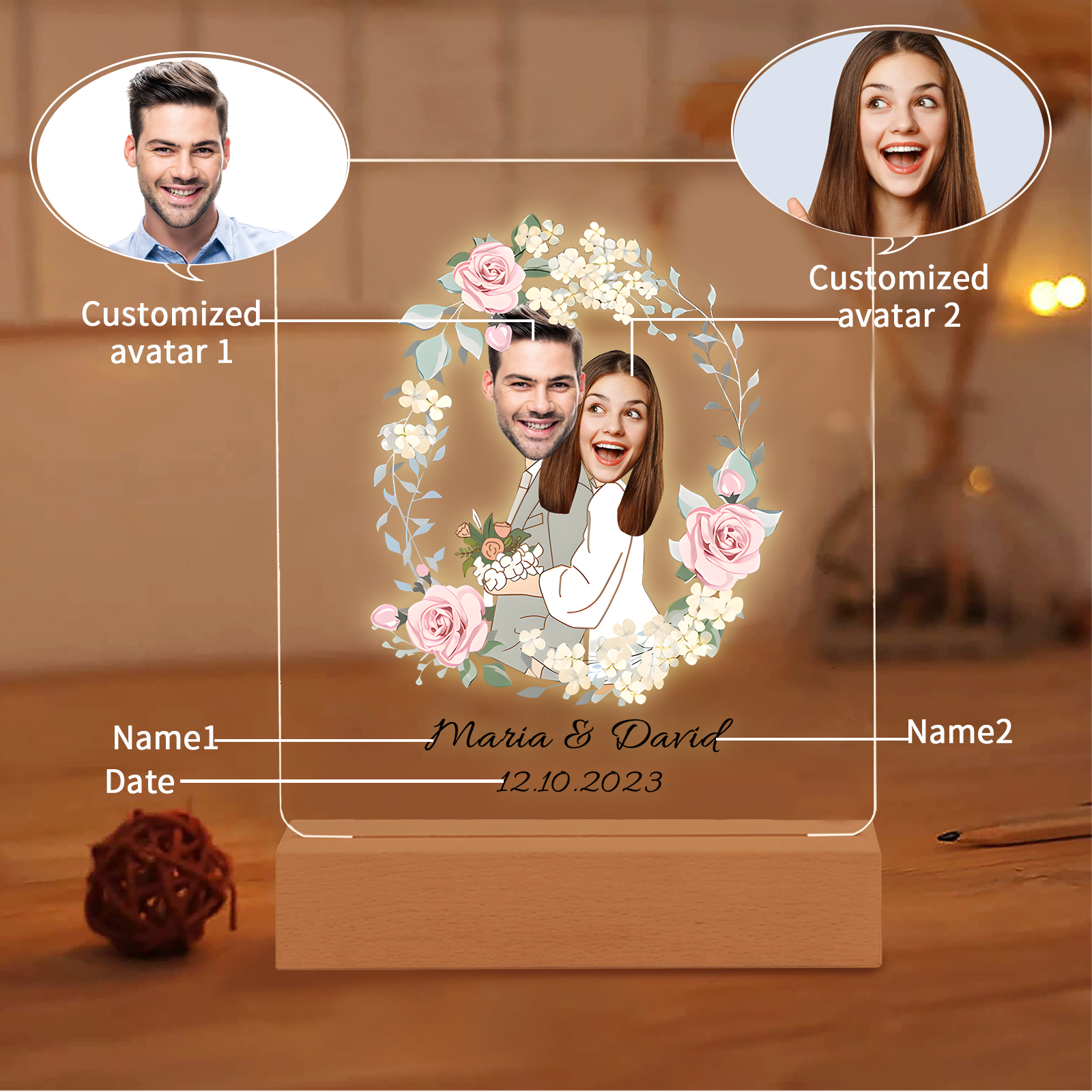 Personalisierte 2 Namen & Datum & 2 Fotos Paar Avataren Acryl Nachtlicht – LED-Nachtlampe für Paar
