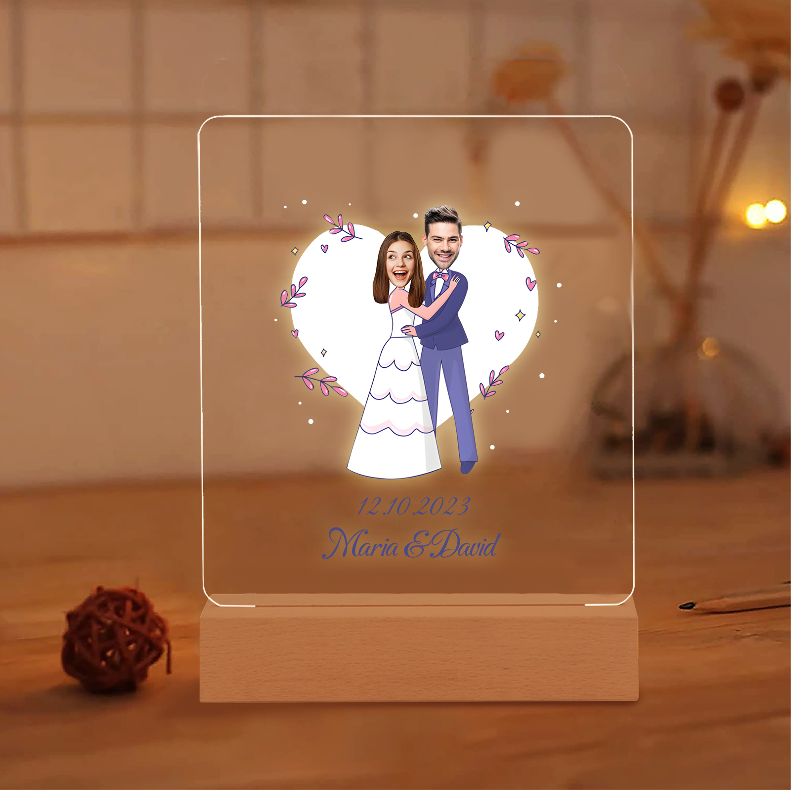 Personalisierte 2 Namen & Datum & 2 Fotos Paar Avataren Acryl Nachtlicht – LED-Nachtlampe für Paar