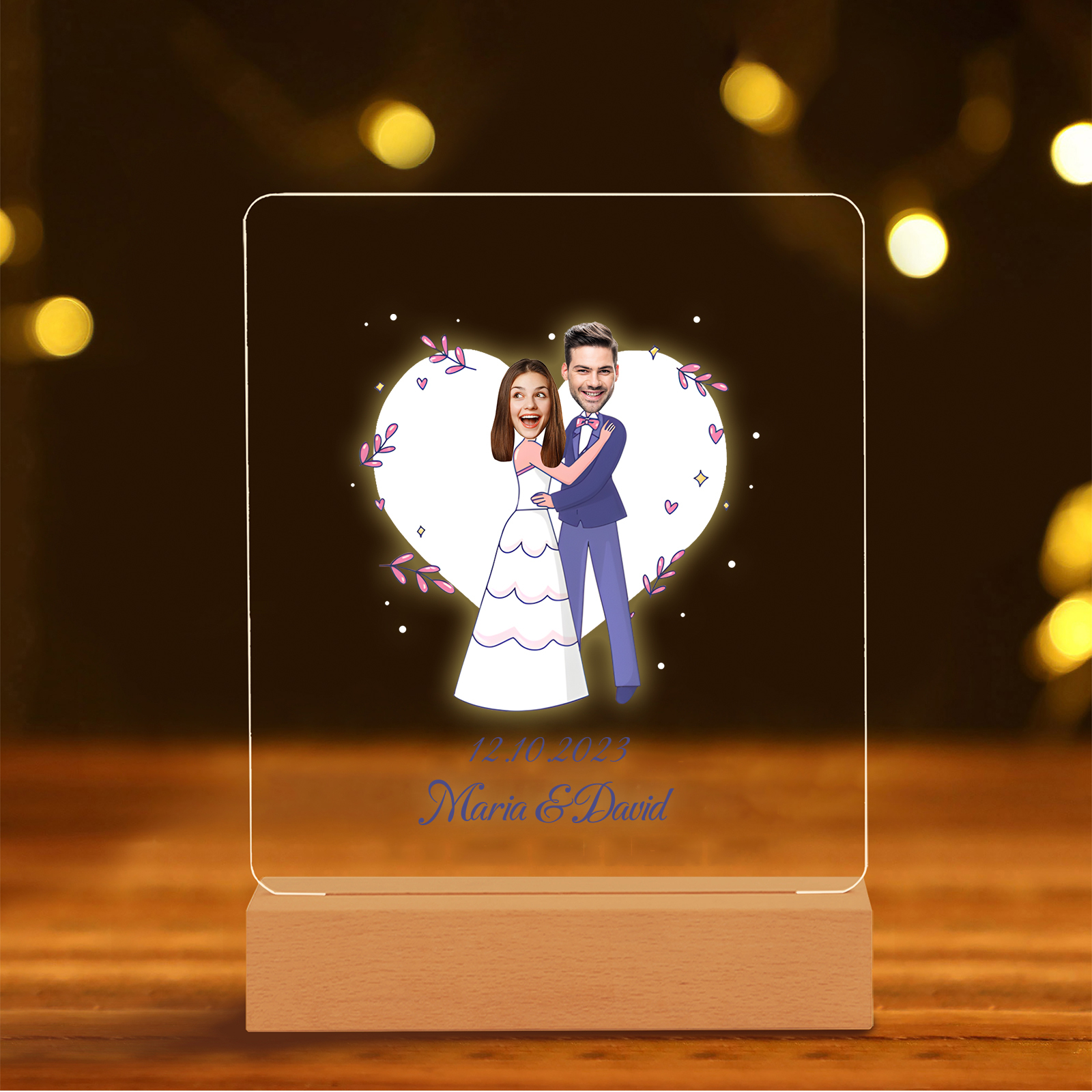 Personalisierte 2 Namen & Datum & 2 Fotos Paar Avataren Acryl Nachtlicht – LED-Nachtlampe für Paar