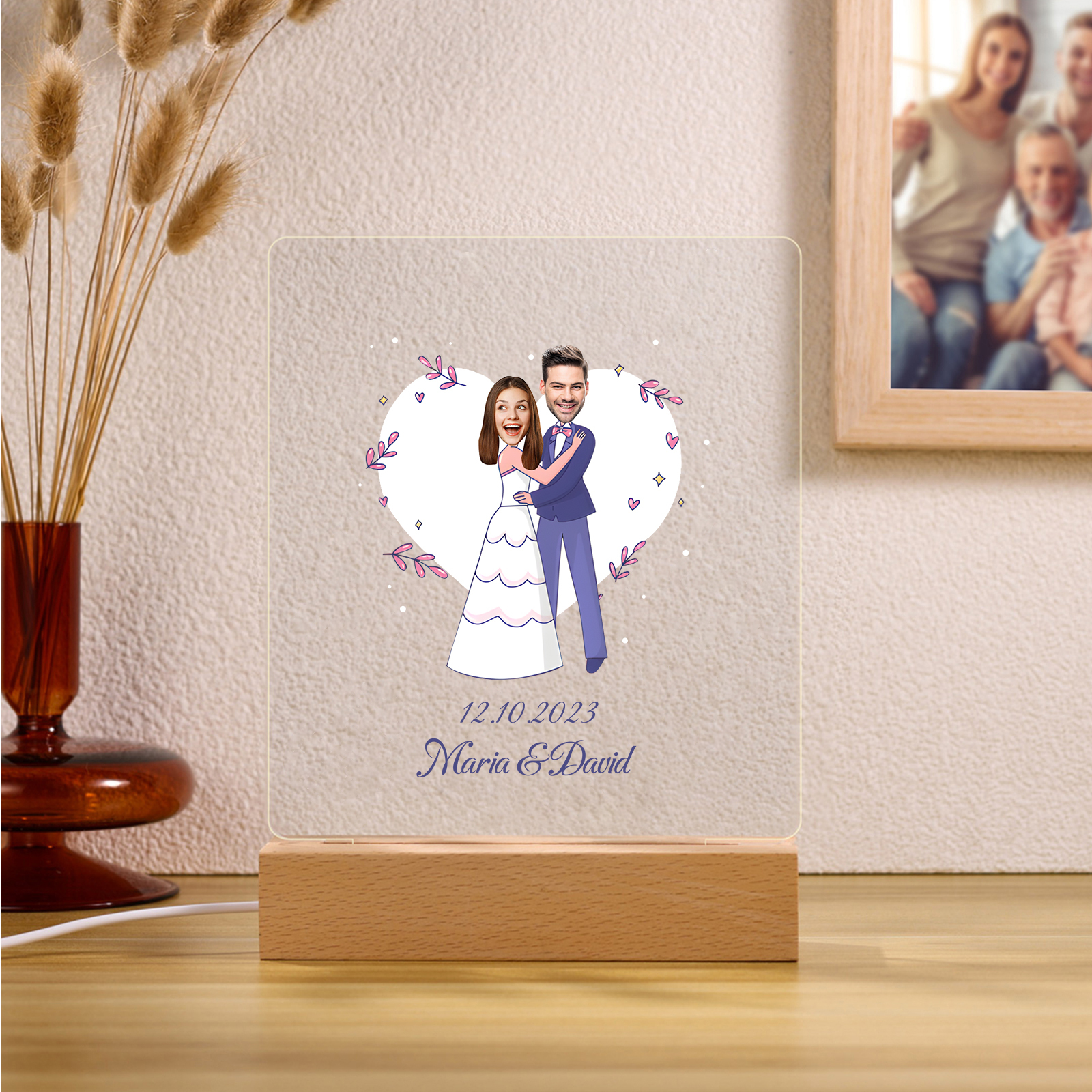 Personalisierte 2 Namen & Datum & 2 Fotos Paar Avataren Acryl Nachtlicht – LED-Nachtlampe für Paar