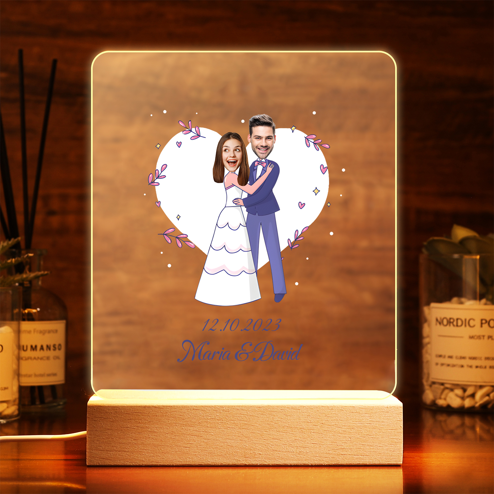 Personalisierte 2 Namen & Datum & 2 Fotos Paar Avataren Acryl Nachtlicht – LED-Nachtlampe für Paar