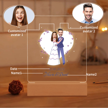 Personalisierte 2 Namen & Datum & 2 Fotos Paar Avataren Acryl Nachtlicht – LED-Nachtlampe für Paar