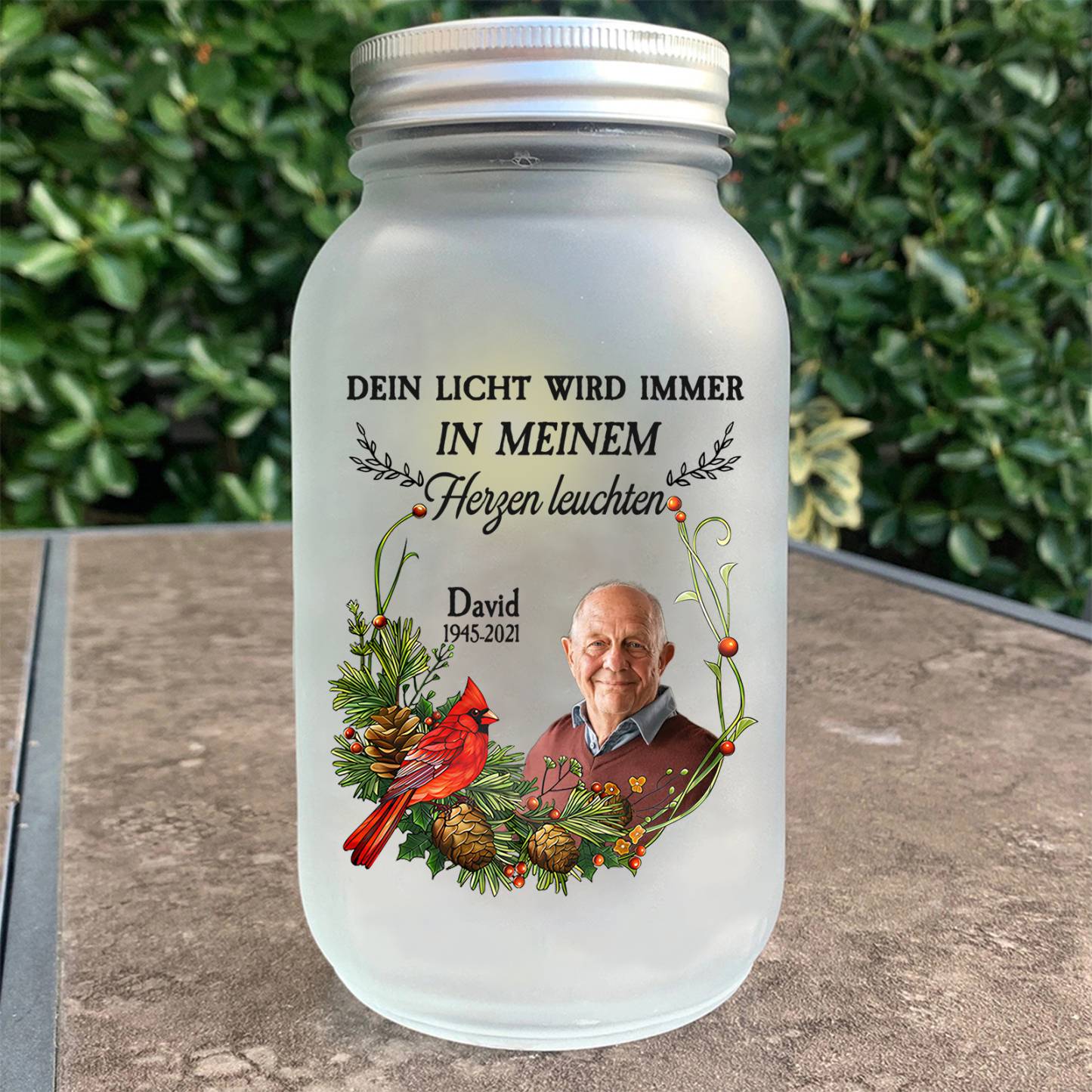 Personalisierte 1 Name & Foto& Datum Licht-Dein Licht wird immer in meinem Herzen leuchten-Gedenken Glasflaschen Weihnachten Licht Familie