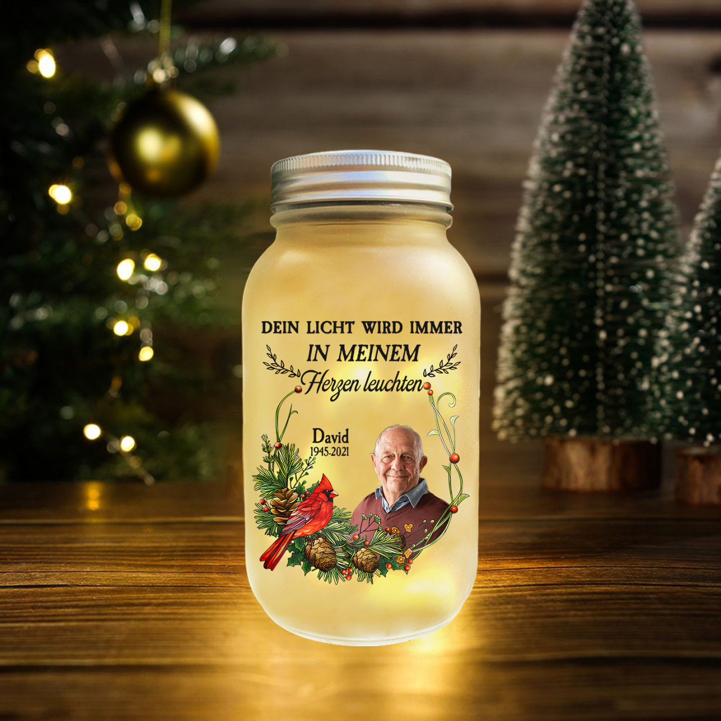Personalisierte 1 Name & Foto& Datum Licht-Dein Licht wird immer in meinem Herzen leuchten-Gedenken Glasflaschen Weihnachten Licht Familie